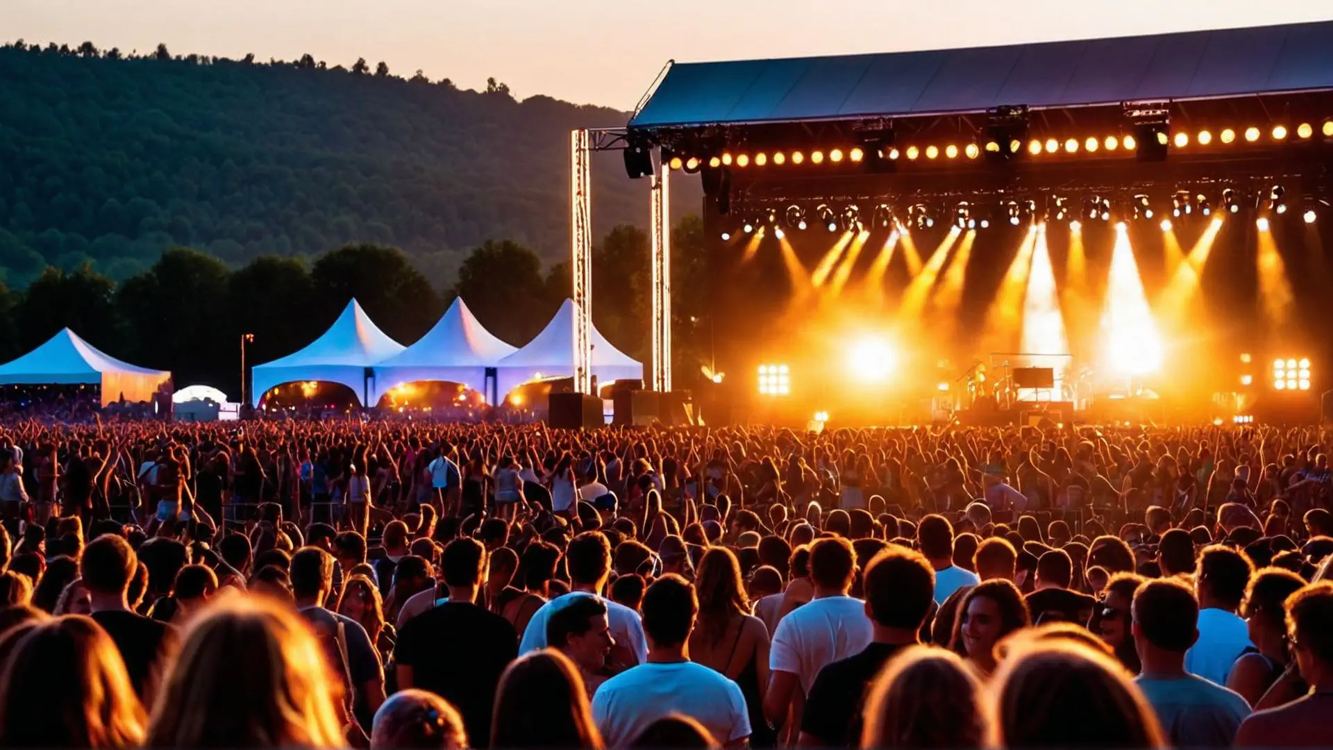 Zomerfestival bij zonsondergang met grote menigte en verlicht podium