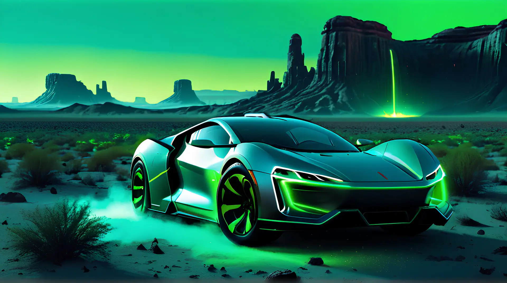 Zilveren Hypercar met Groene Neongloed in Alien Woestijn 4K Wallpaper