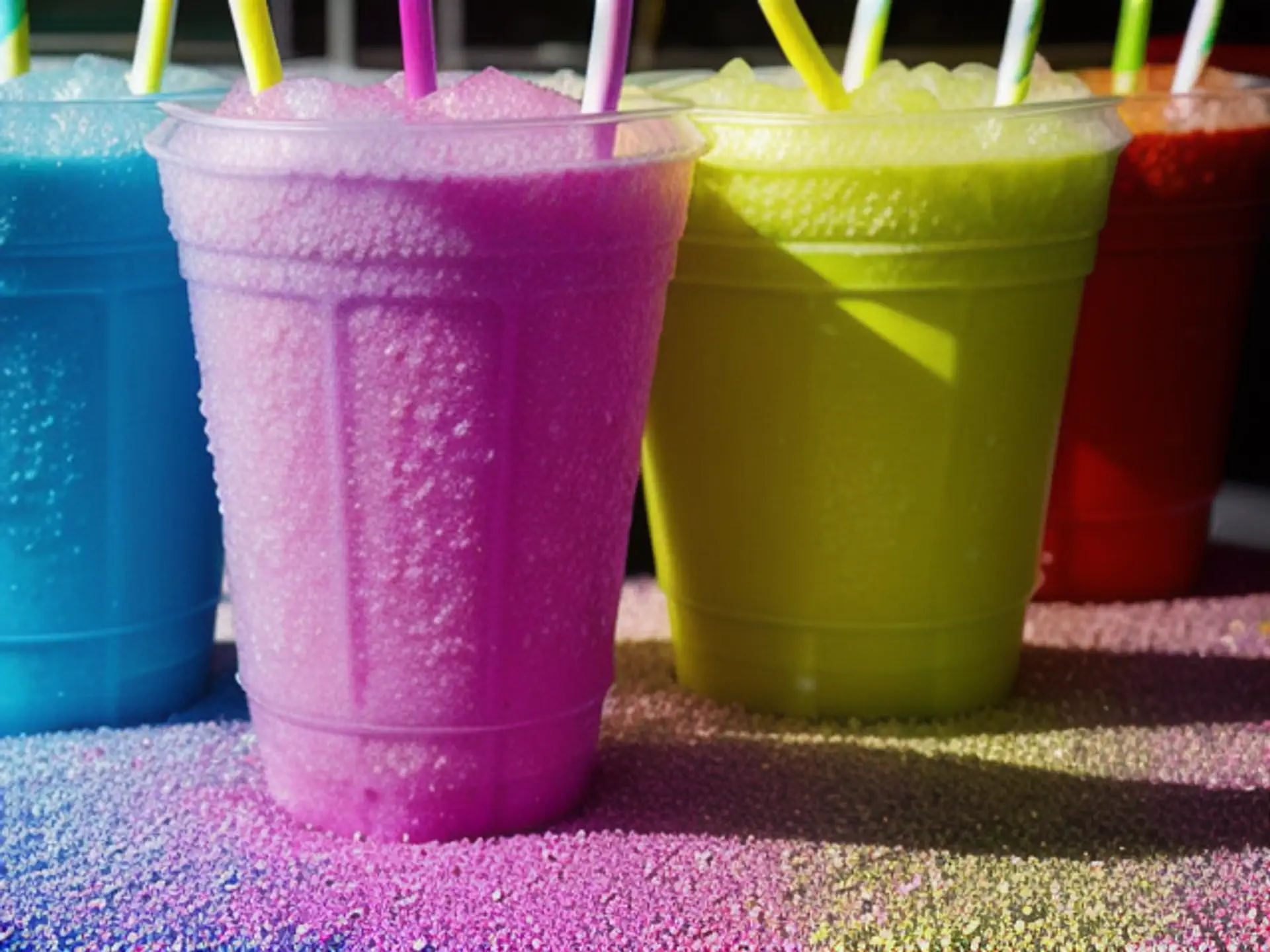 Kleurrijke zomerdrankjes met crushed ice en rietjes in felle kleuren