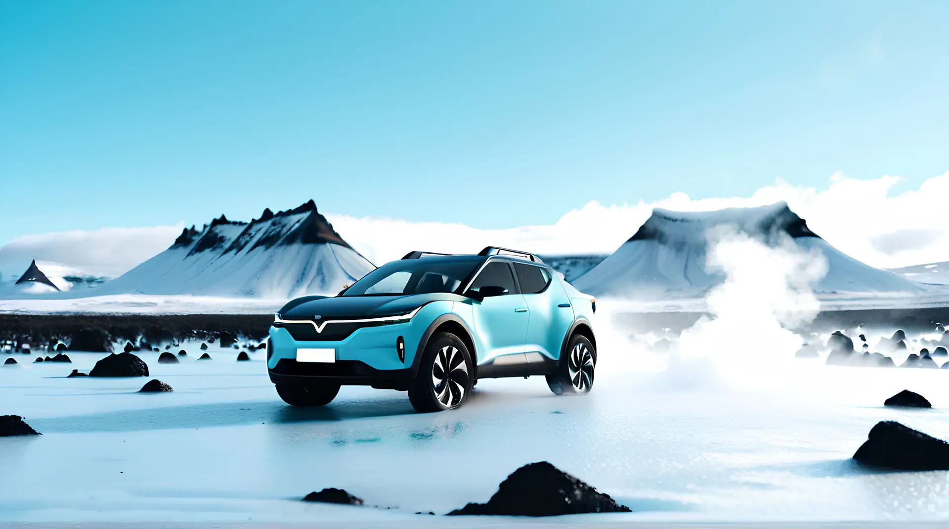 Turquoise Elektrische SUV in IJslands Landschap 4K Wallpaper