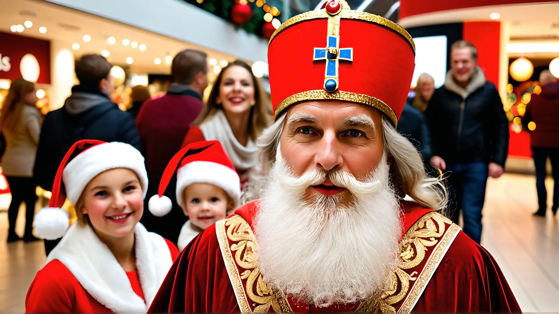Sinterklaas viert feest in winkelcentrum met vrolijke kinderen