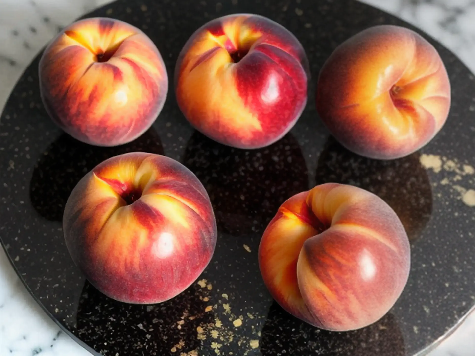 Sappige perziken op zwarte schaal - vers fruit food fotografie