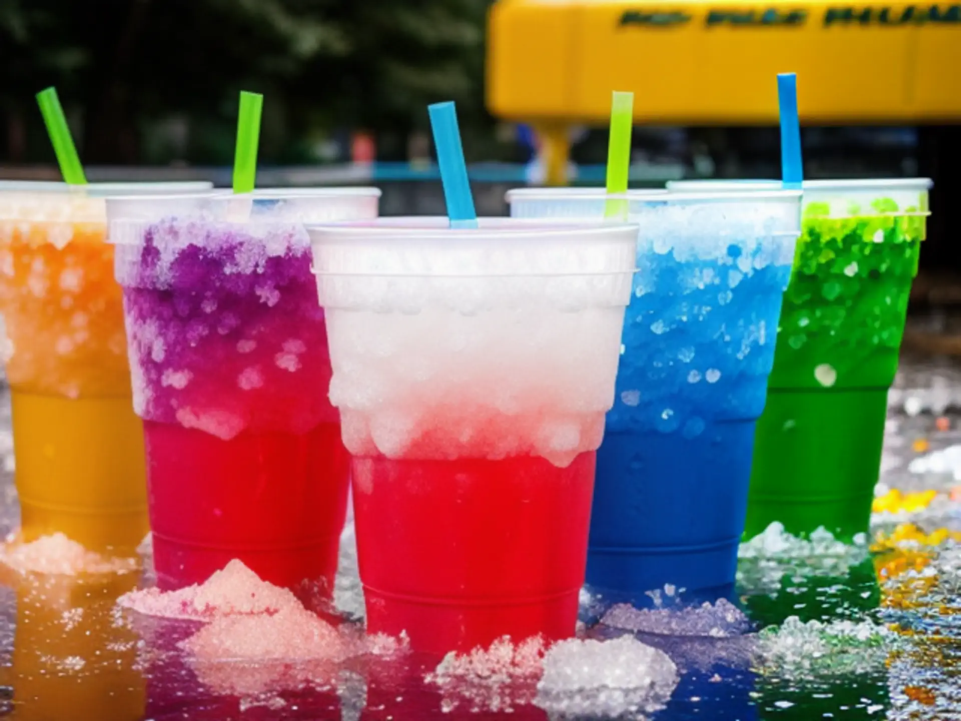 Kleurrijke zomerdrankjes met crushed ice en rietjes in felle kleuren