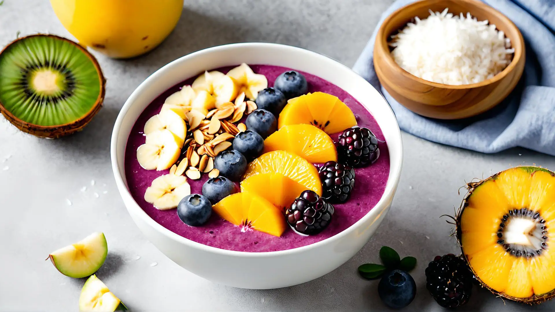 Kleurrijke smoothie bowl met vers fruit en noten voor gezond ontbijt