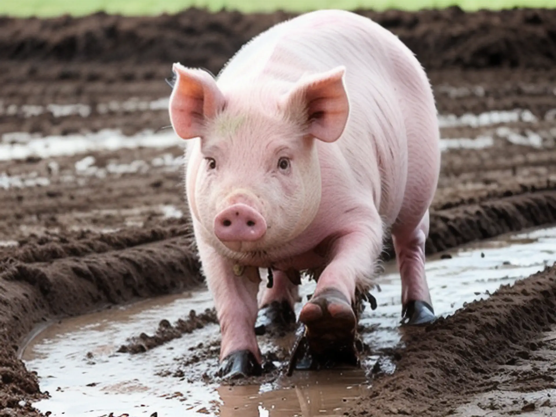 Schattig roze biggetje speelt in de modder op biologische boerderij