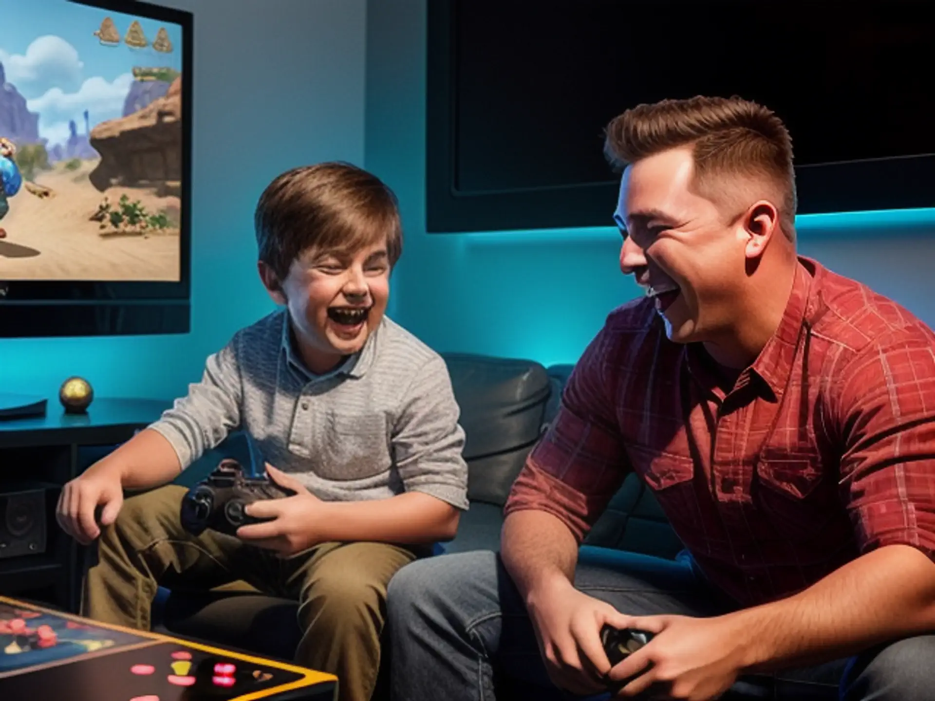 Gezellige gameruimte met sfeervolle LED-verlichting en spelconsoles