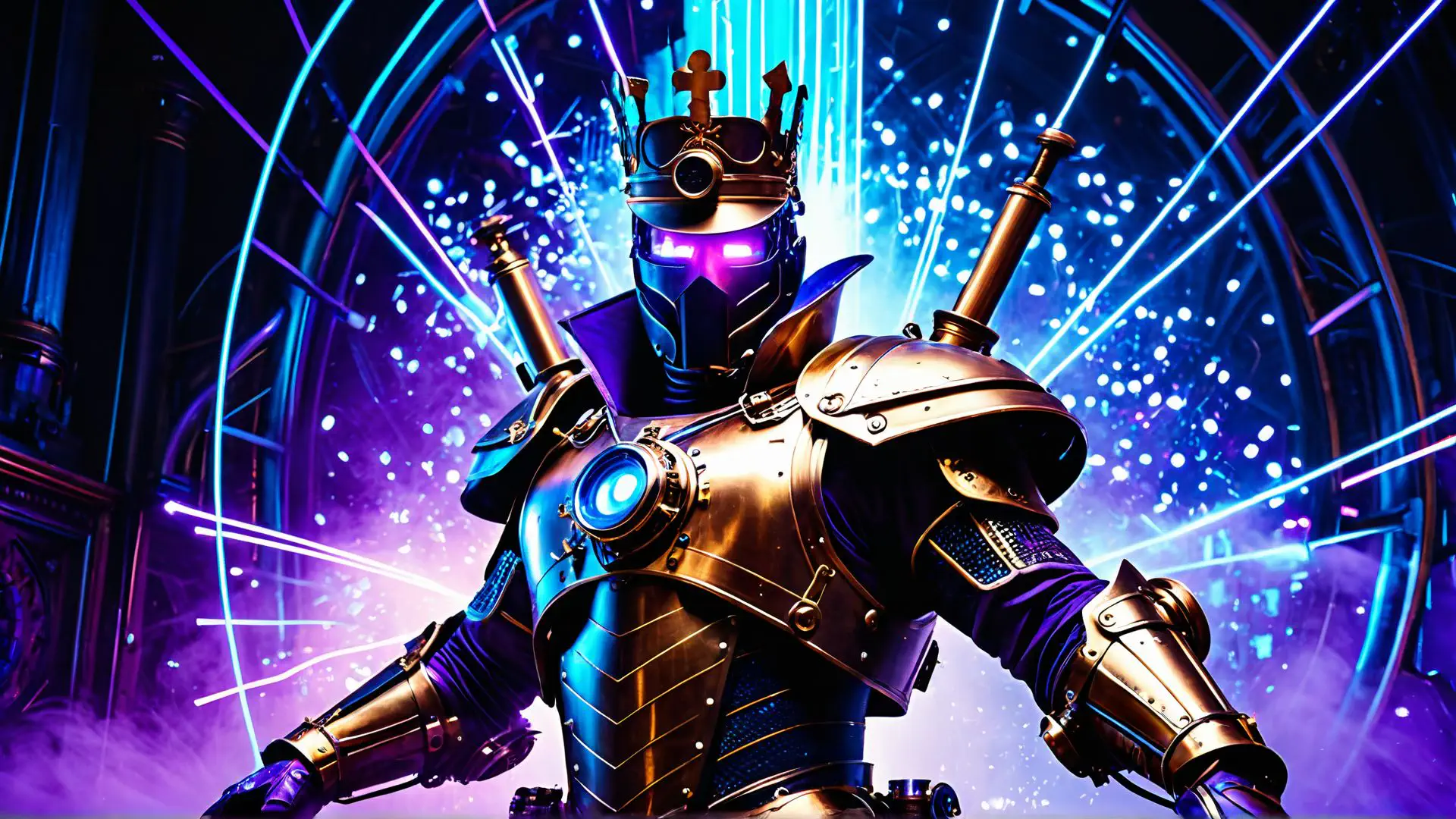 Futuristische robotkoning met neonlichten in cyberpunk setting