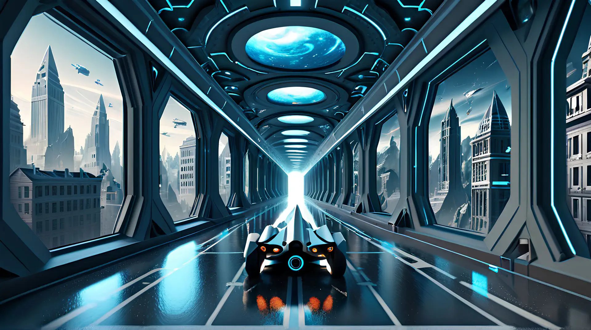 Futuristische Racer in Zwevende Tunnel naar Sci-Fi Stad 4K Wallpaper
