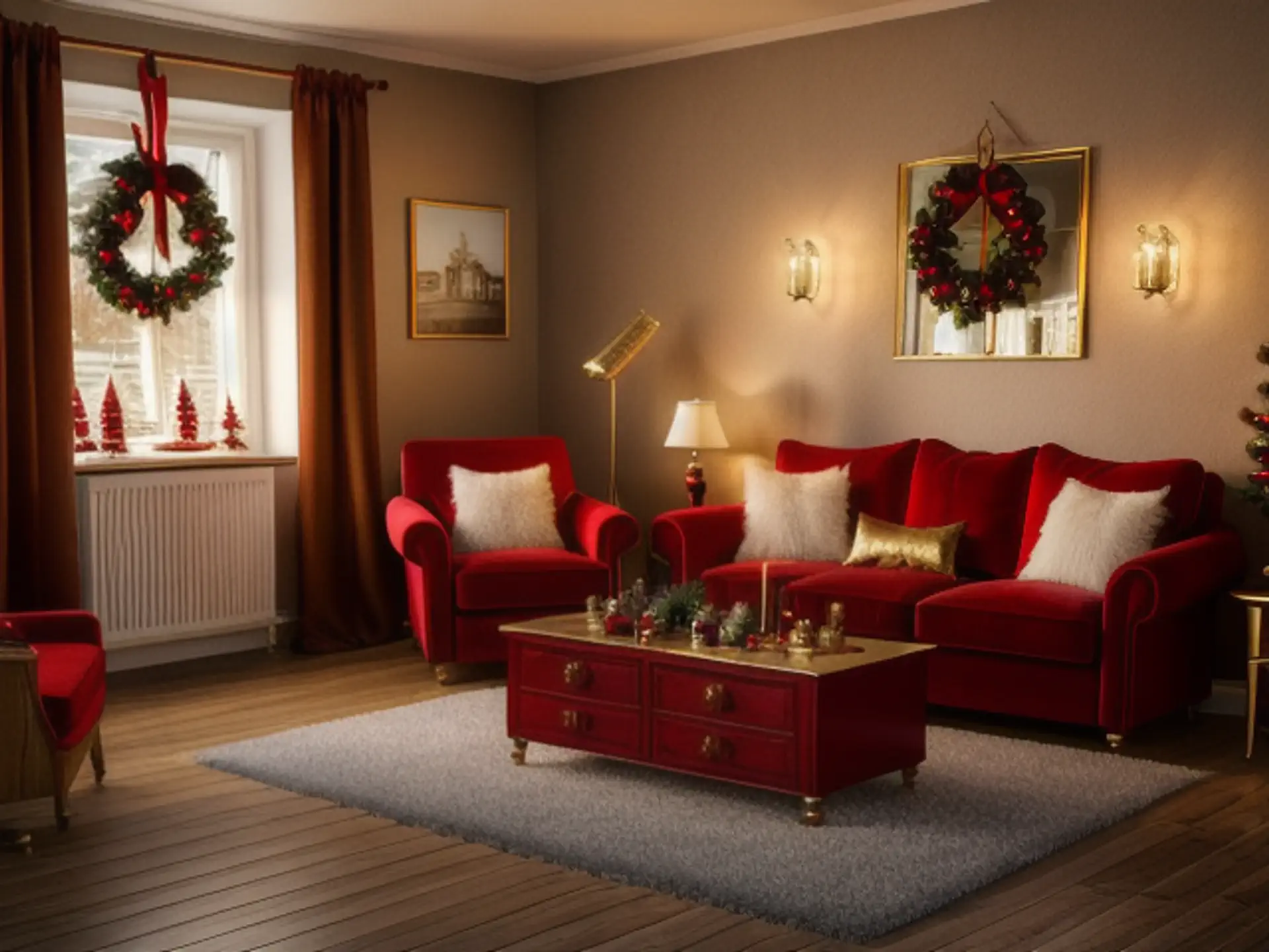 Sfeervolle kerst woonkamer met rode bank en traditionele decoraties