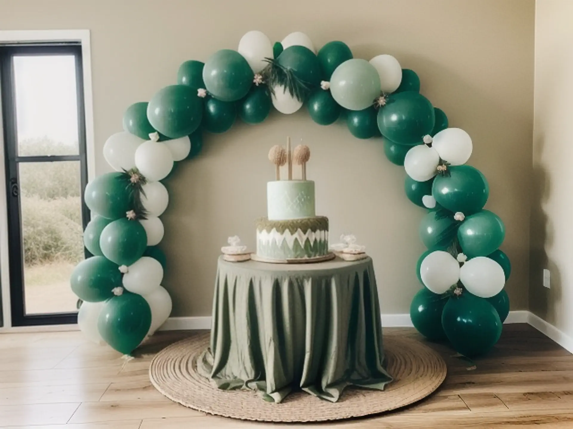 Elegante ballonnenboog met taart in groen en wit voor feestelijke