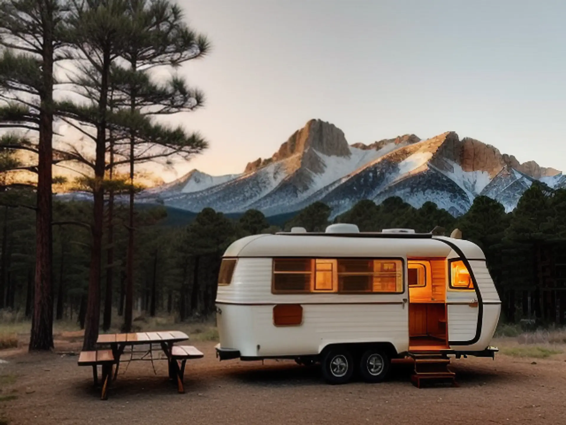 Gezellige caravan in berglandschap tijdens gouden zonsondergang
