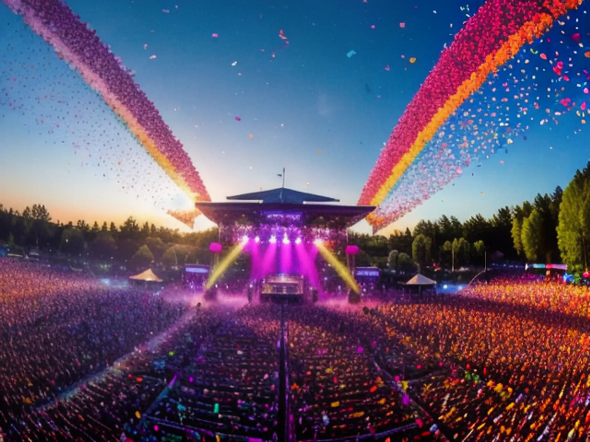 Spectaculair openluchtconcert met kleurrijke confetti show