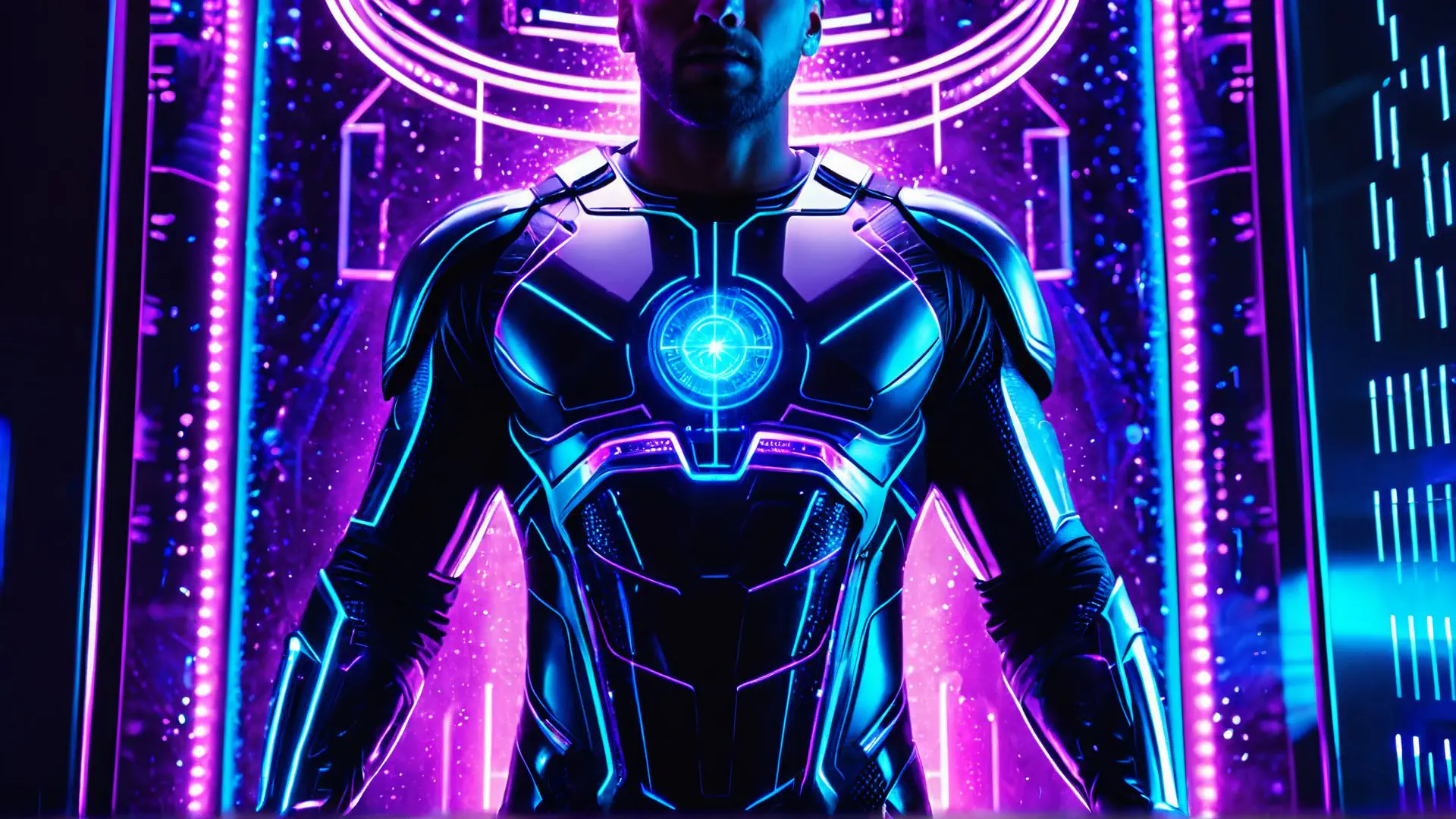 Futuristisch cyberpunk kostuum met neon verlichting in paars en blauw
