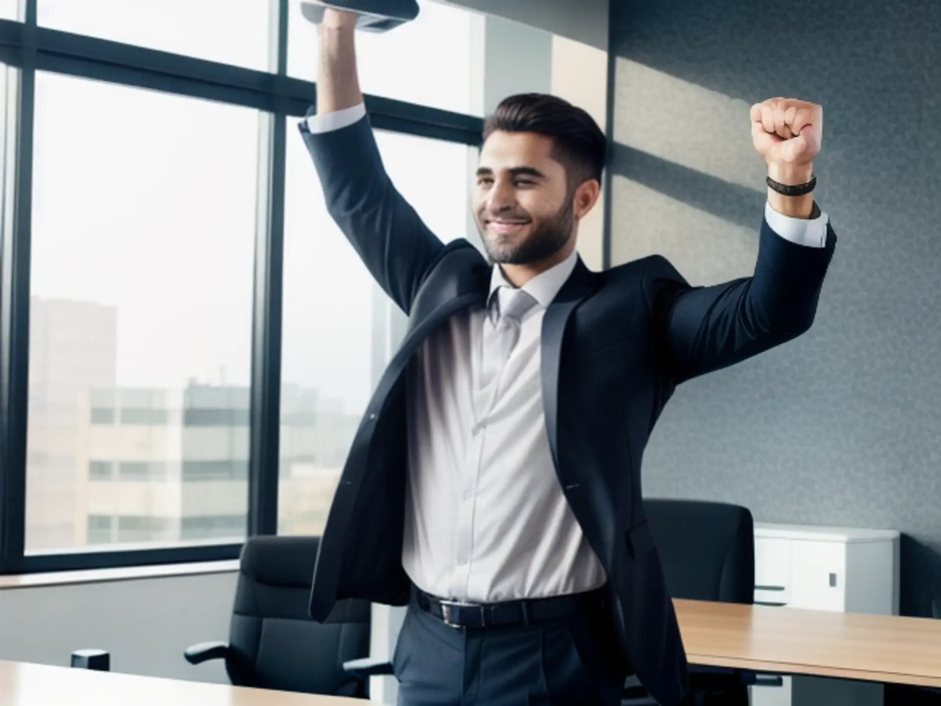 Succesvolle zakenman viert overwinning op modern kantoor met uitzicht