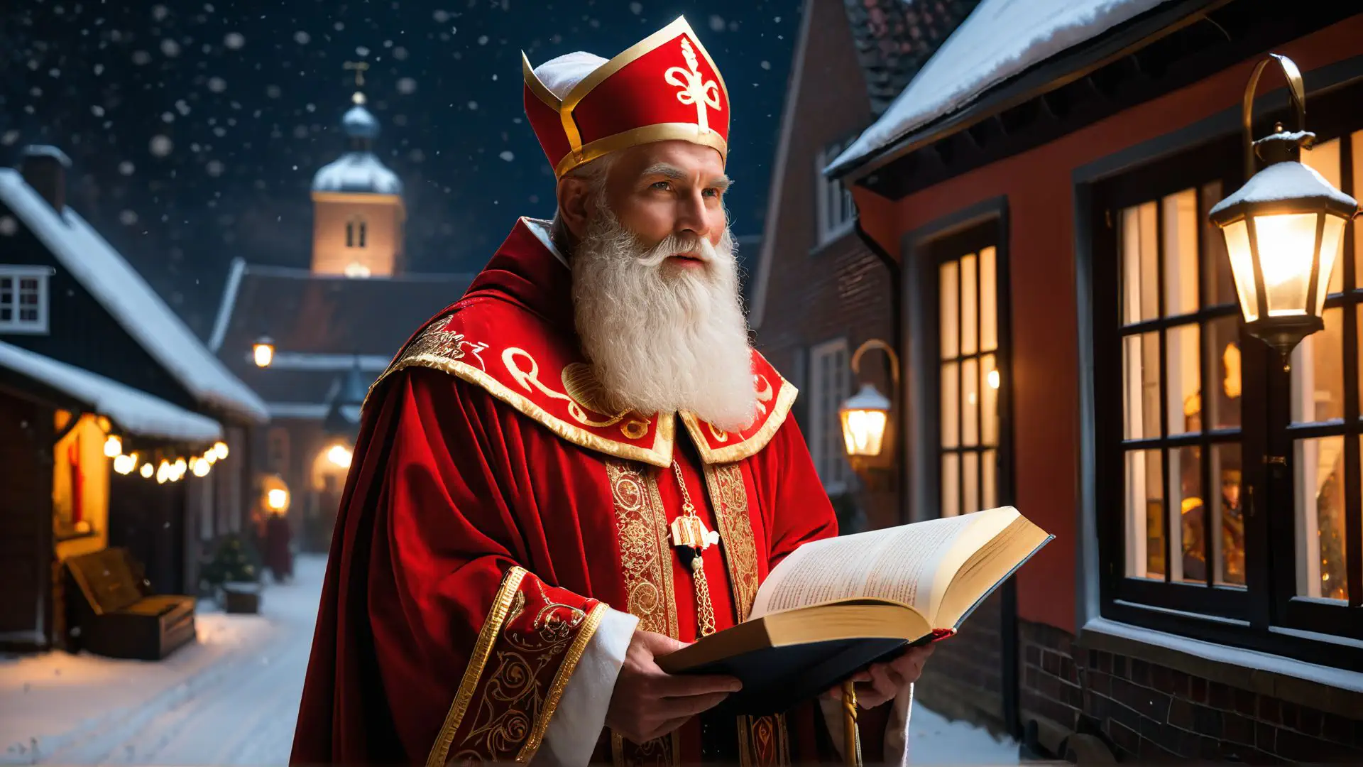 Sinterklaas in sfeervol winters straatbeeld met lantaarns en sneeuw
