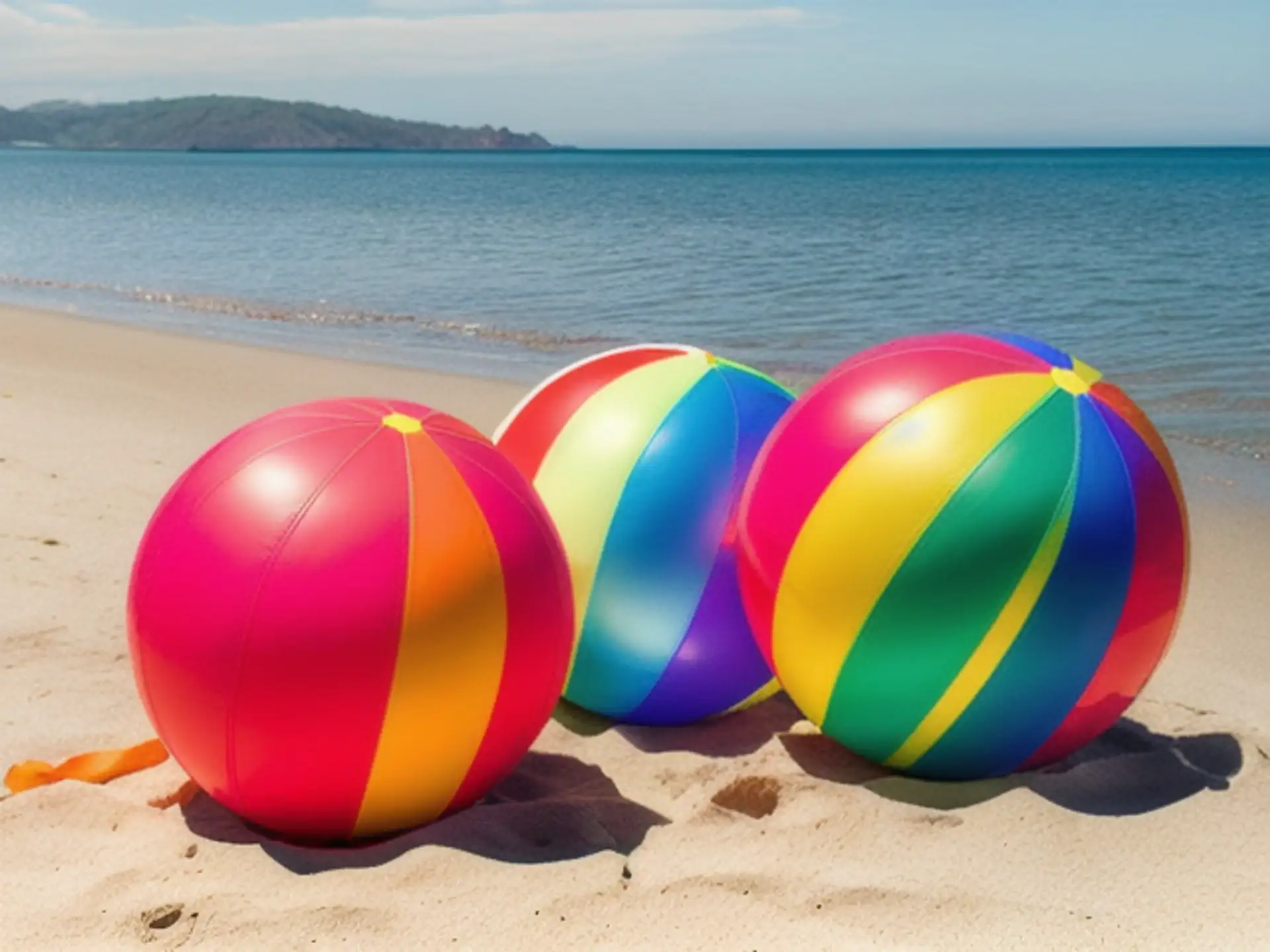 Kleurrijke strandballen op zonnig tropisch strand met turquoise zee