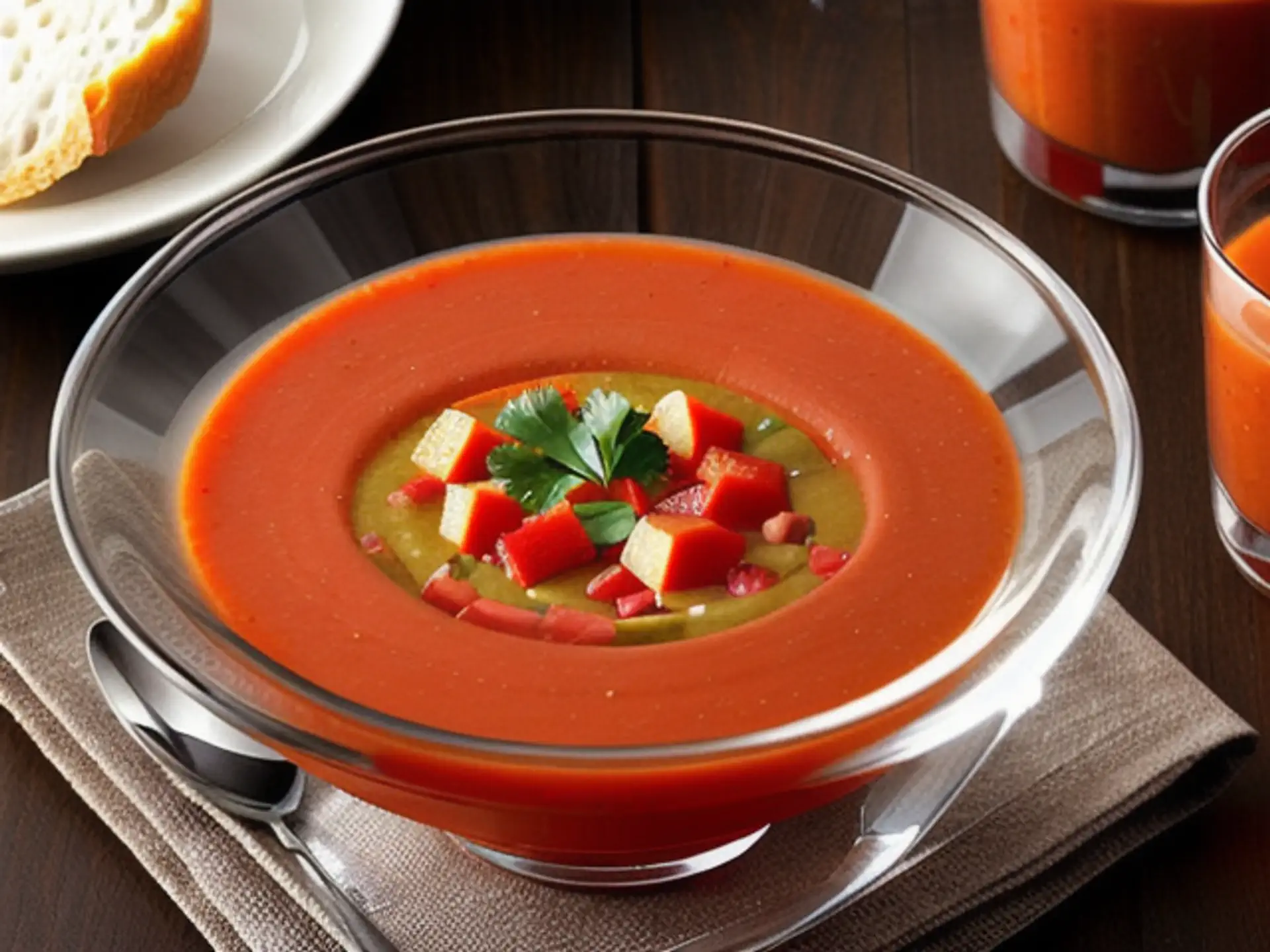 Verfijnde gazpacho soep met verse garnituur in stijlvolle presentatie