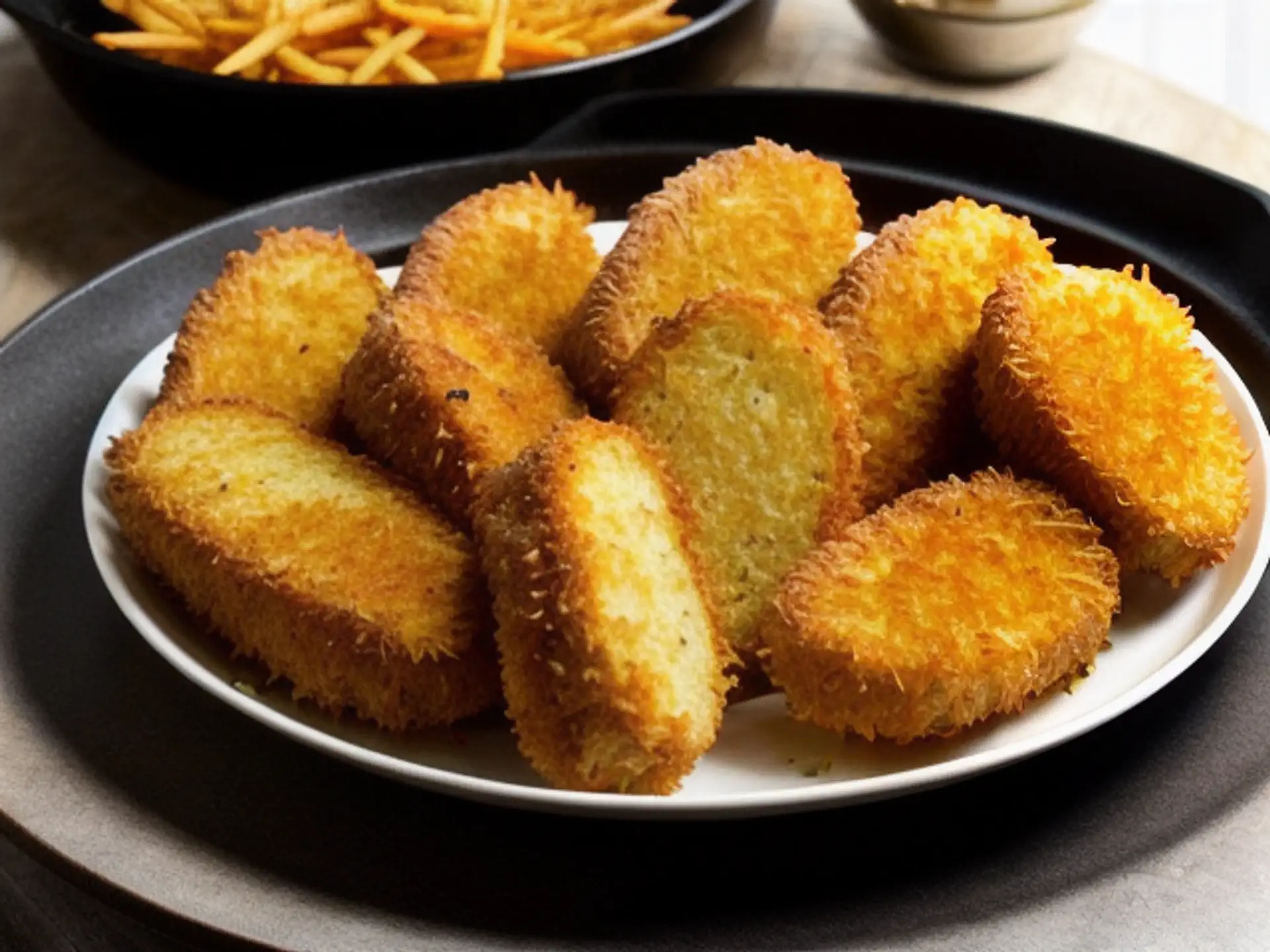 Krokante aardappelkroketten met goudbruine korst op zwart servies