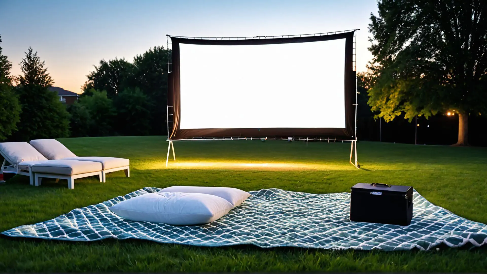 Luxe openluchtbioscoop opstelling met ligbedden in zomerse tuin