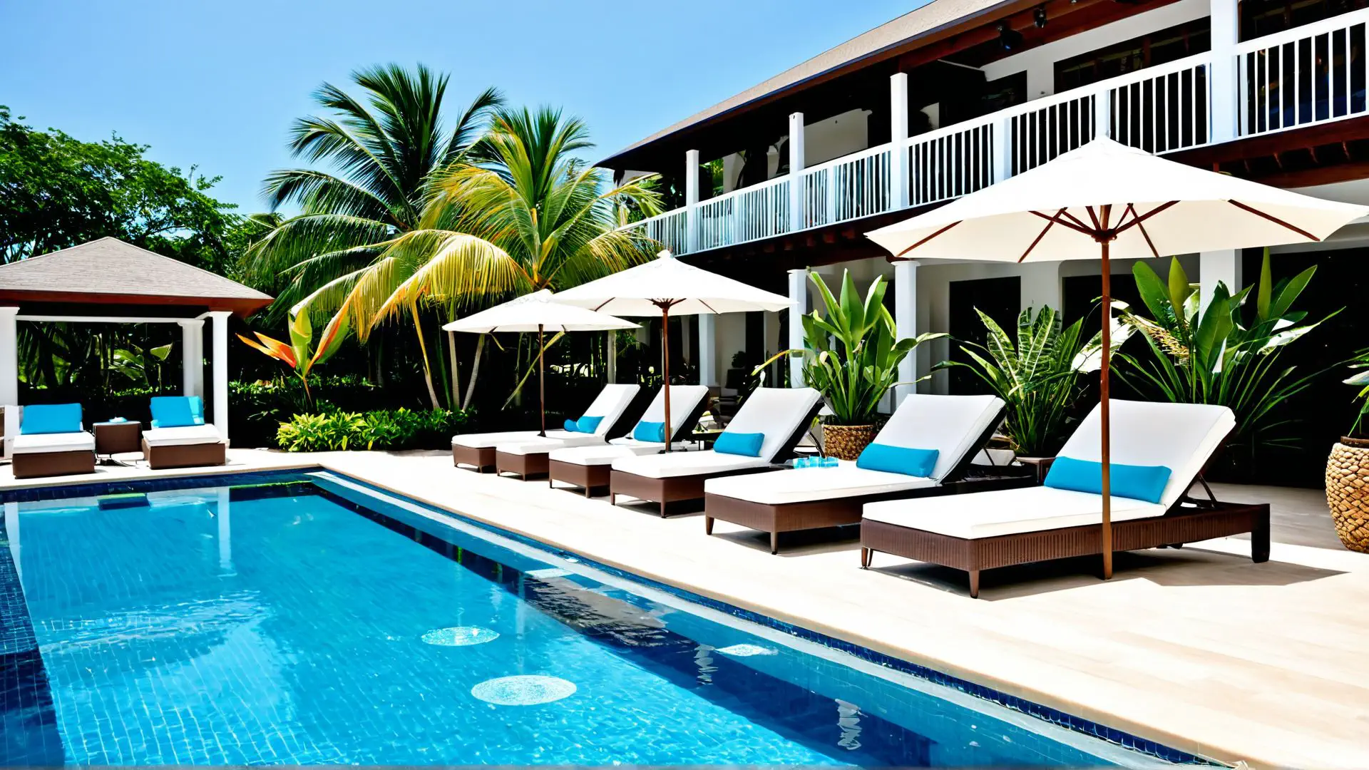 Luxe tropisch resort met ligbedden en palmbomen rond azuurblauw