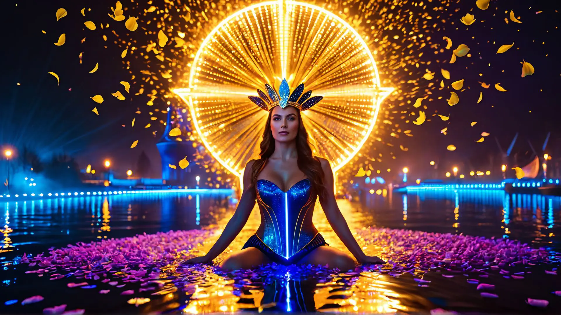 Magische lichtshow met blauw korset en gouden lichtcirkel