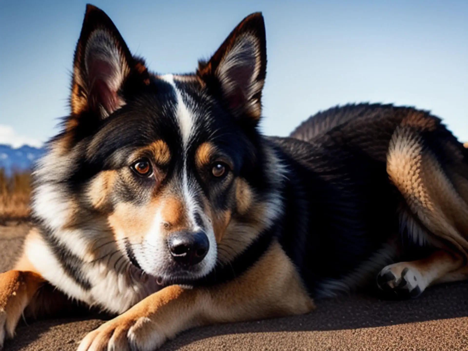 Portret van driekleuren husky met berglandschap op achtergrond