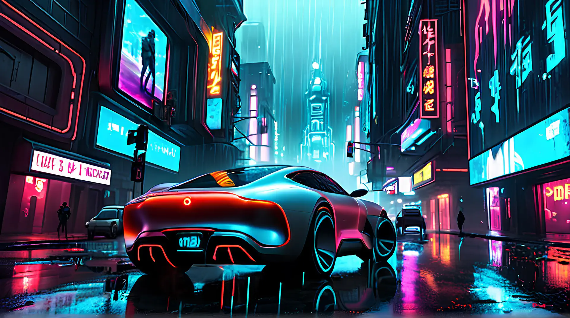 Futuristische Sportwagen in Cyberpunk Nachtstad 4K Wallpaper