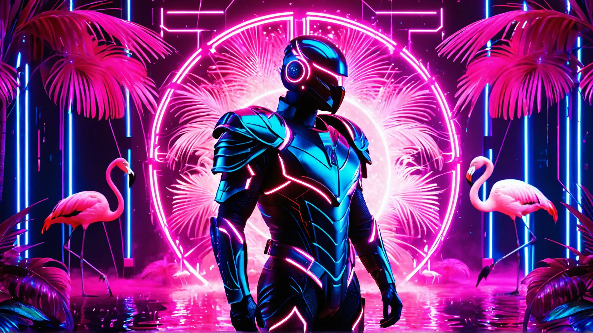 Futuristische robot in neon tropisch paradijs met roze flamingo's