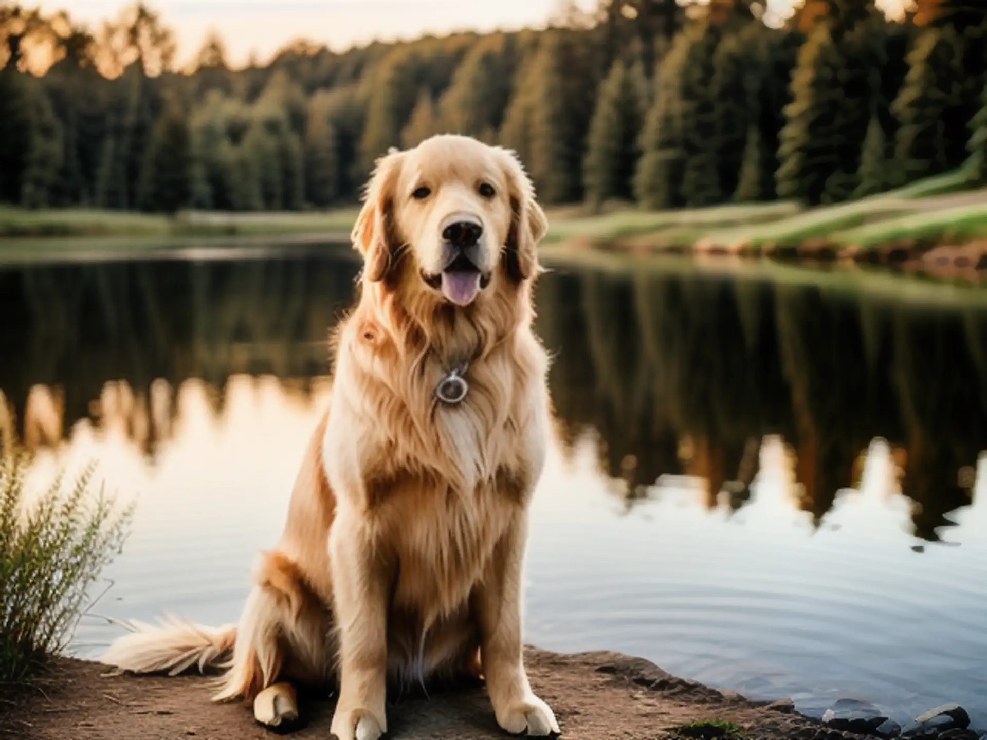 Vrolijke Golden Retriever bij meer tijdens zonsondergang
