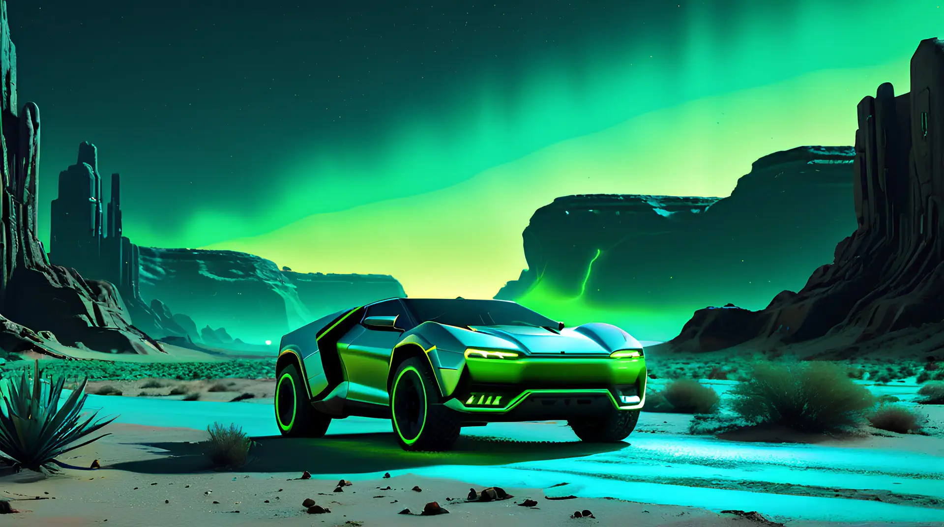 Futuristische Hypercar in Canyon met Groene Aurora 4K Wallpaper