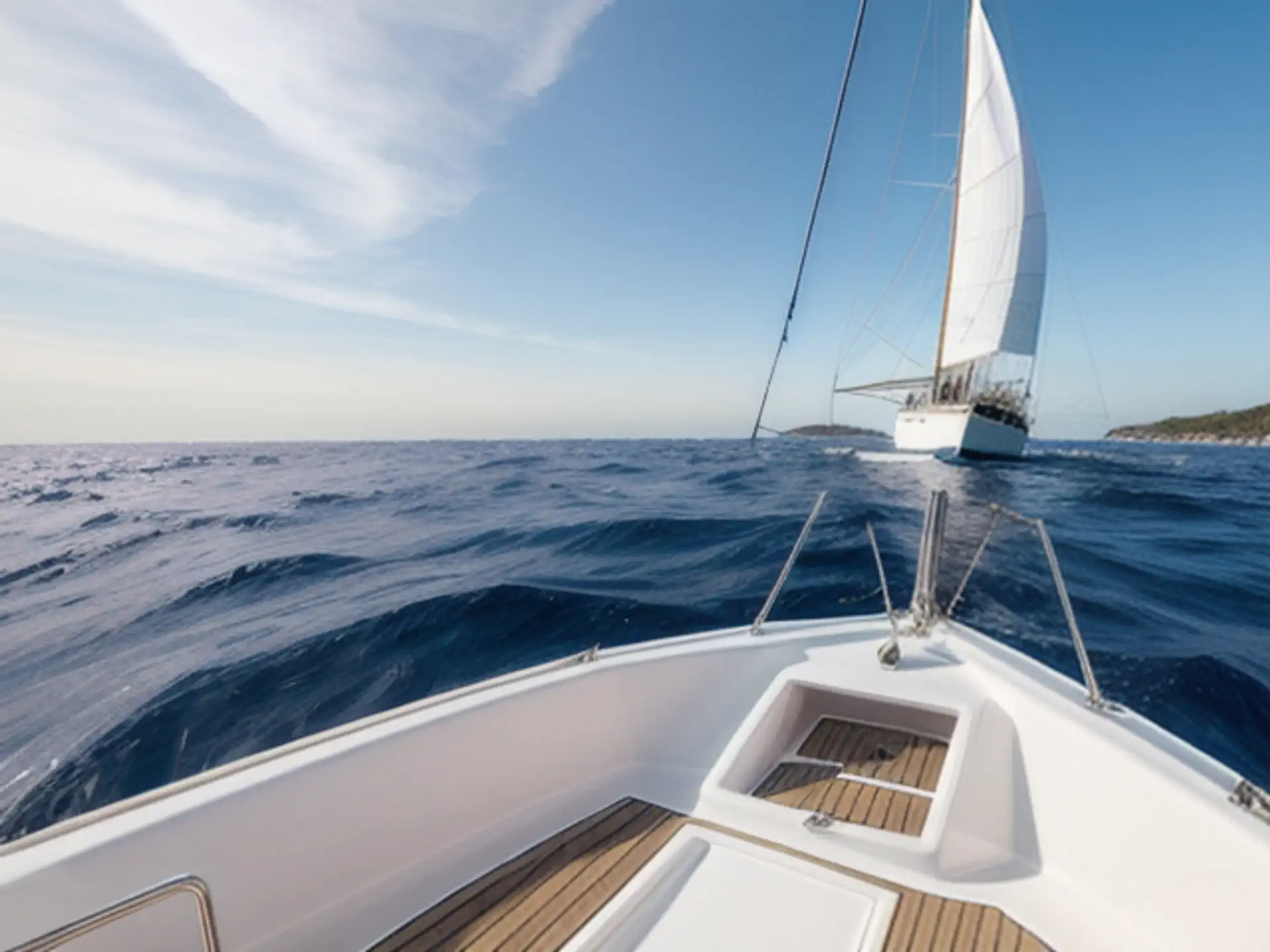 Luxe zeilboot op open zee met witte zeilen tijdens zonnige zomerdag