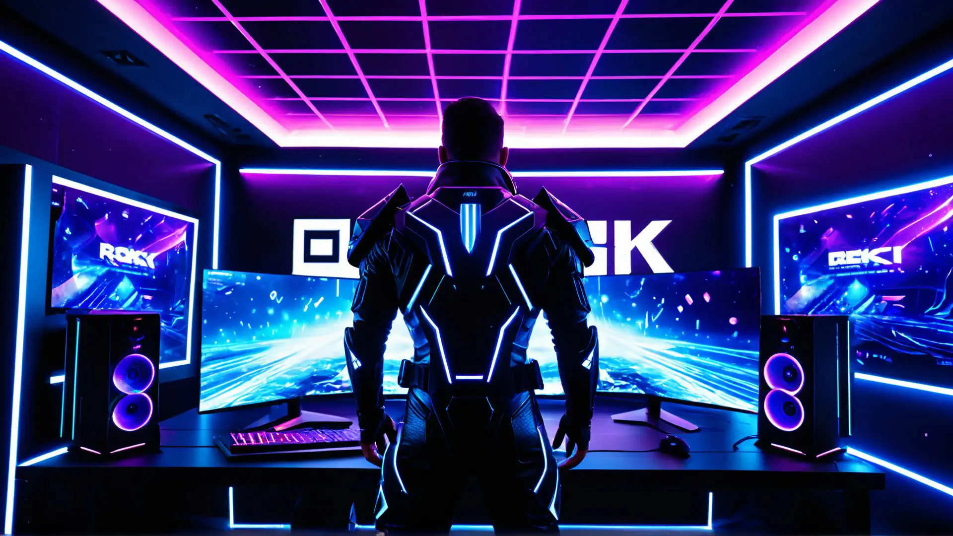 Futuristische gaming setup met neon verlichting en cyberpunk
