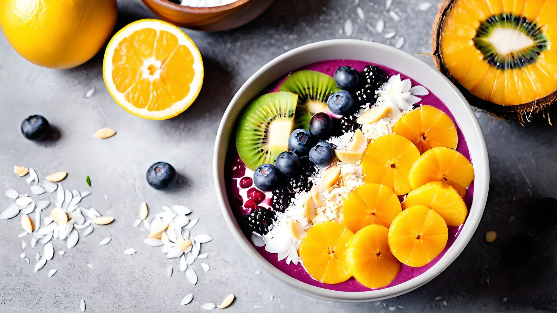 Kleurrijke smoothie bowl met vers fruit en kokos voor gezond ontbijt