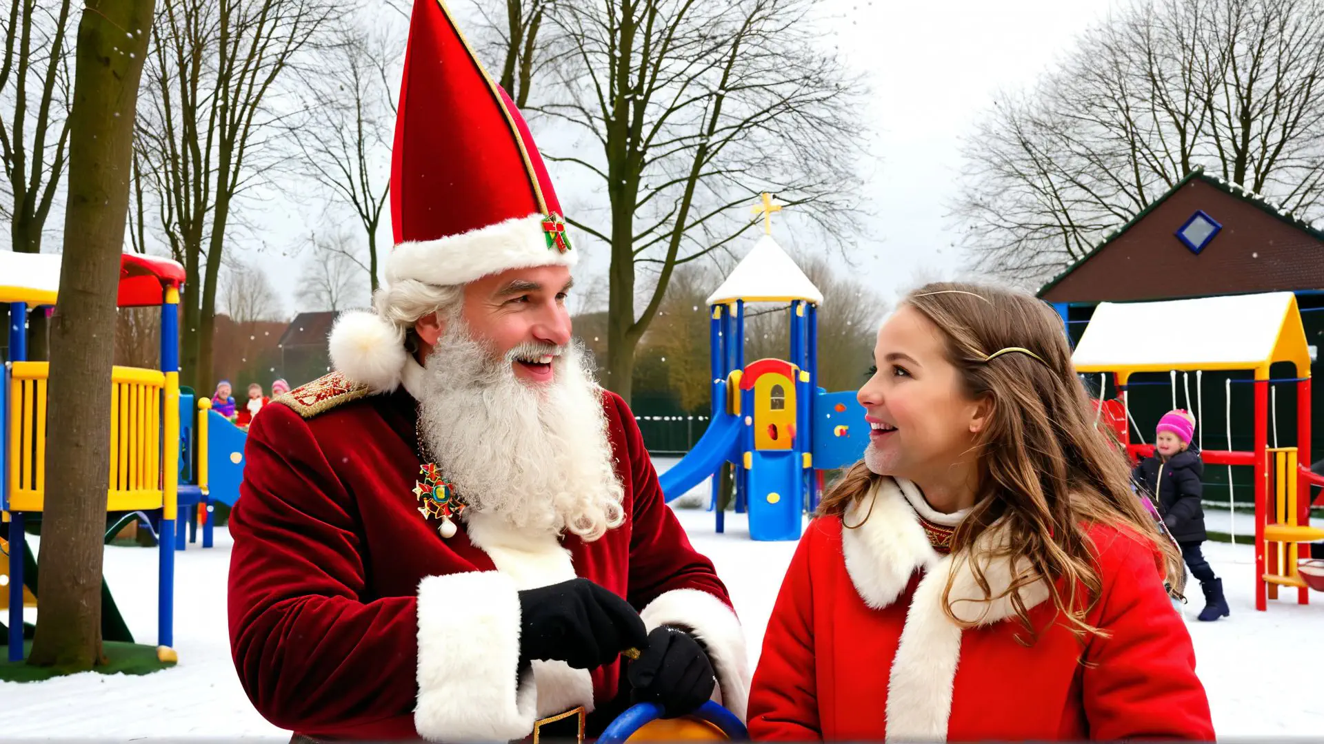 Sinterklaas bezoekt besneeuwde speeltuin tijdens winterse