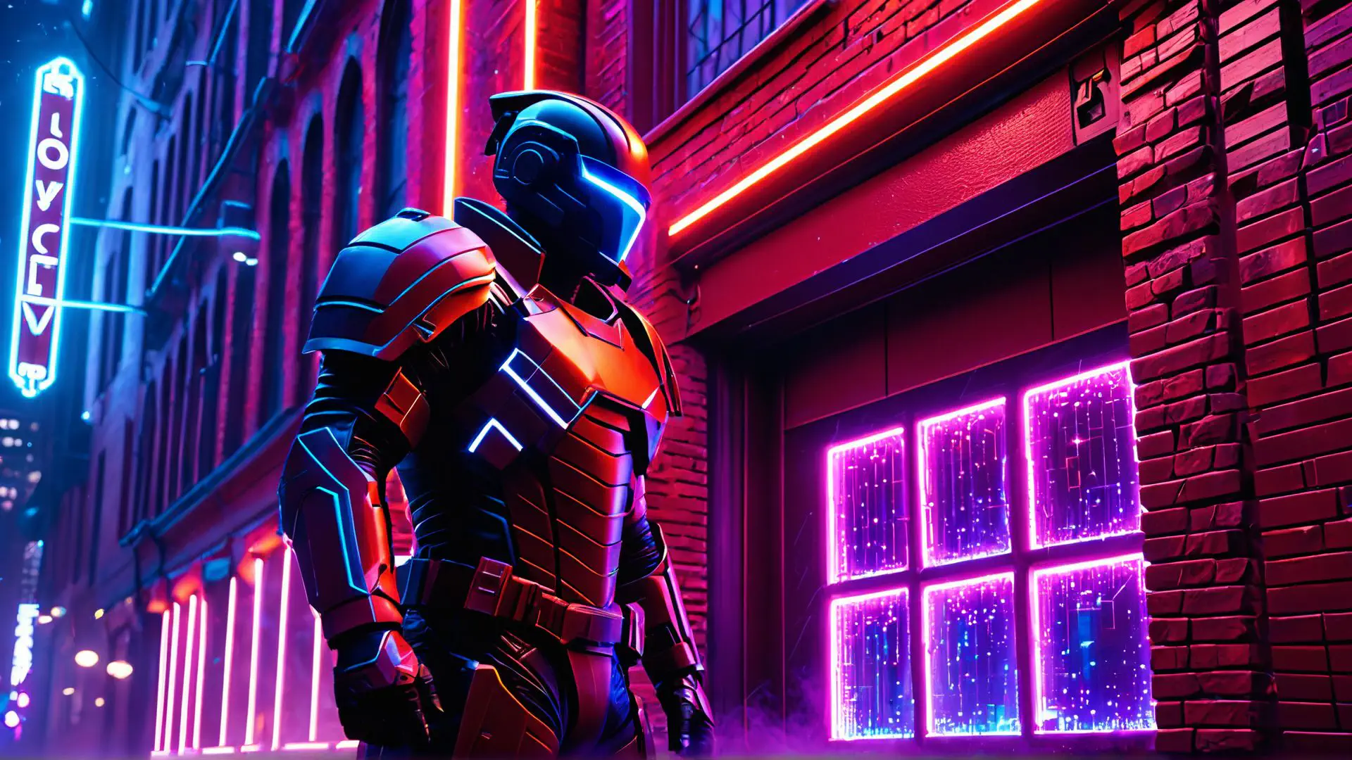 Futuristische robot in neonverlichte cyberpunk stadsomgeving