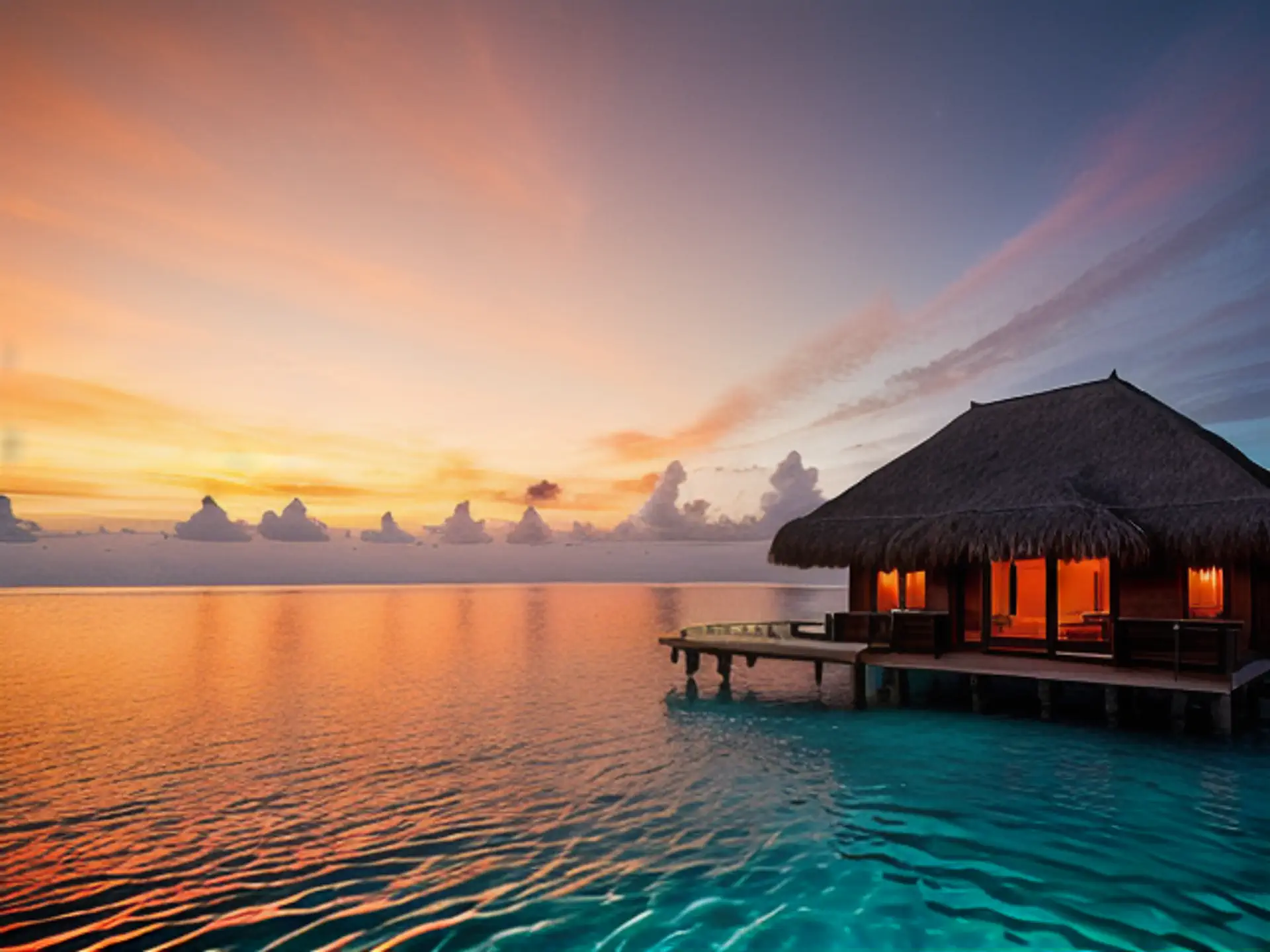 Luxe watervilla bij zonsondergang in tropisch paradijs op de Malediven