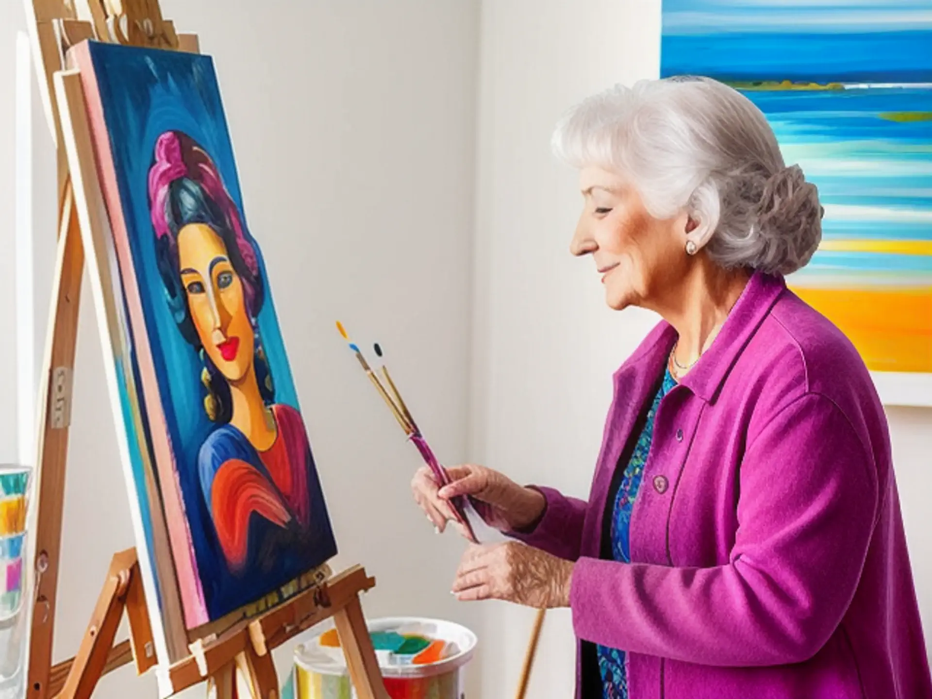 Creatieve schilderles voor senioren met kleurrijk portret op ezel