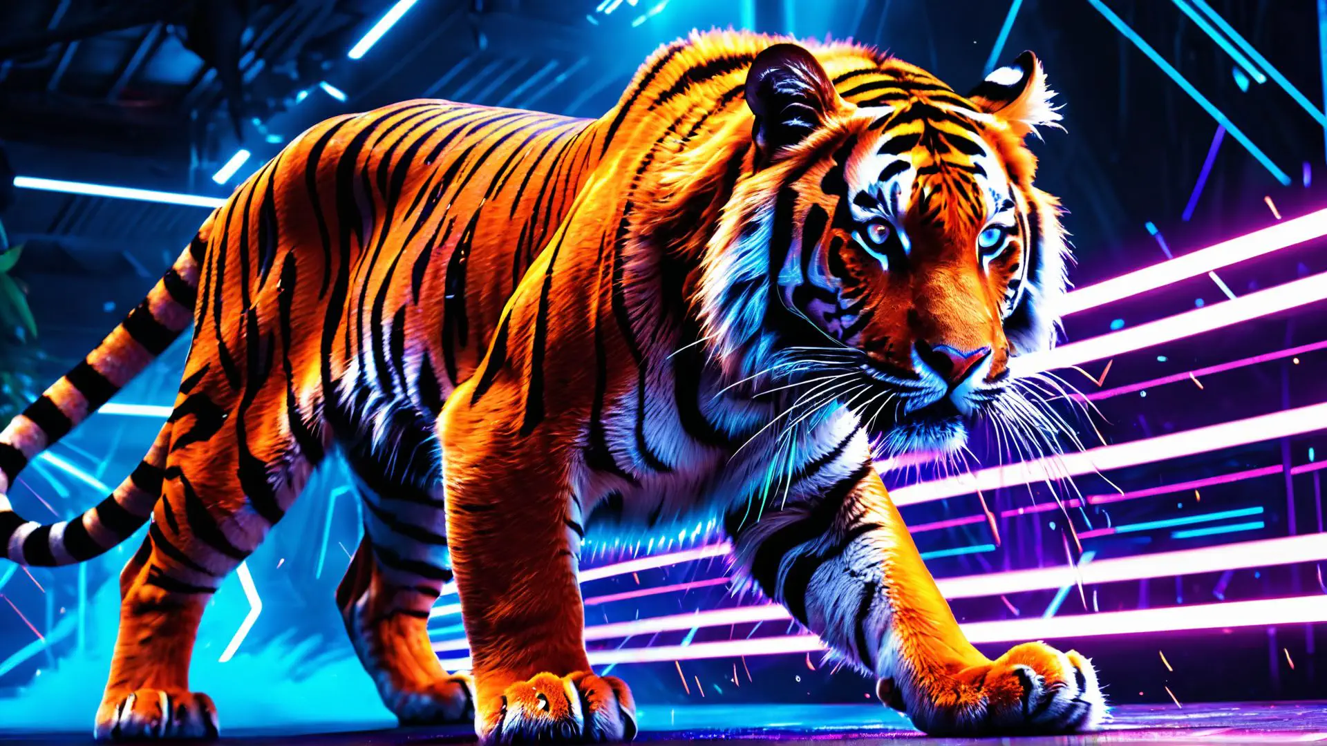 Neon tijger kunstwerk met futuristische verlichting in blauw en paars