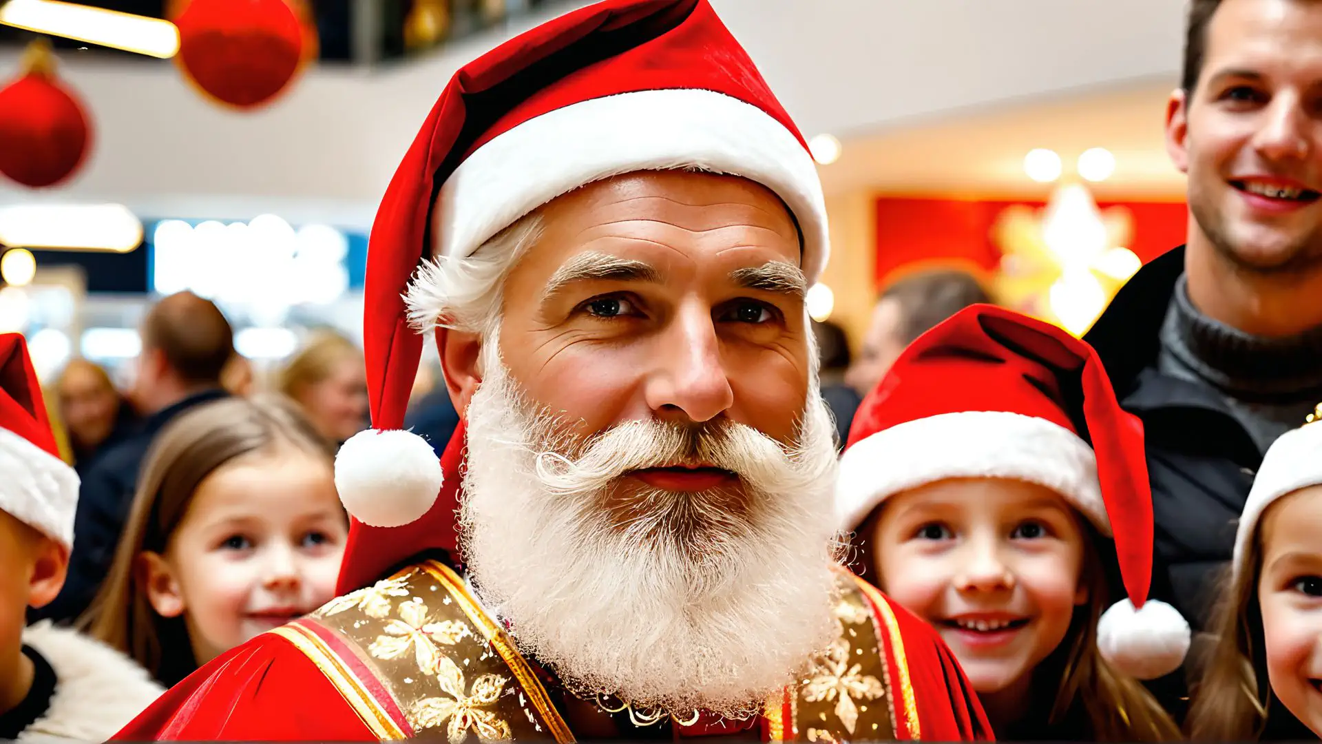 Feestelijke kerstsfeer met traditionele kerstman in winkelcentrum