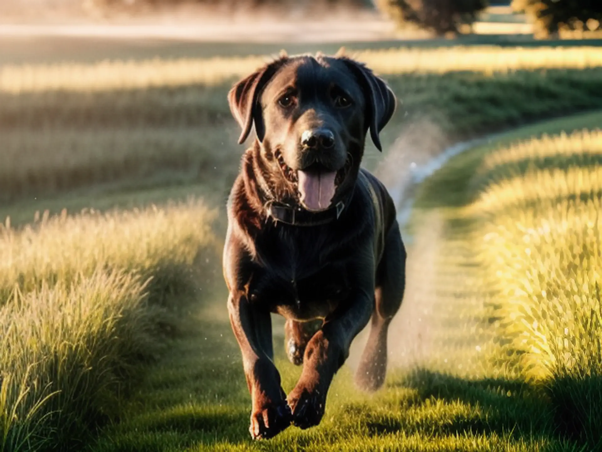 Vrolijke Labrador rent door zonnig grasveld tijdens gouden uurtje