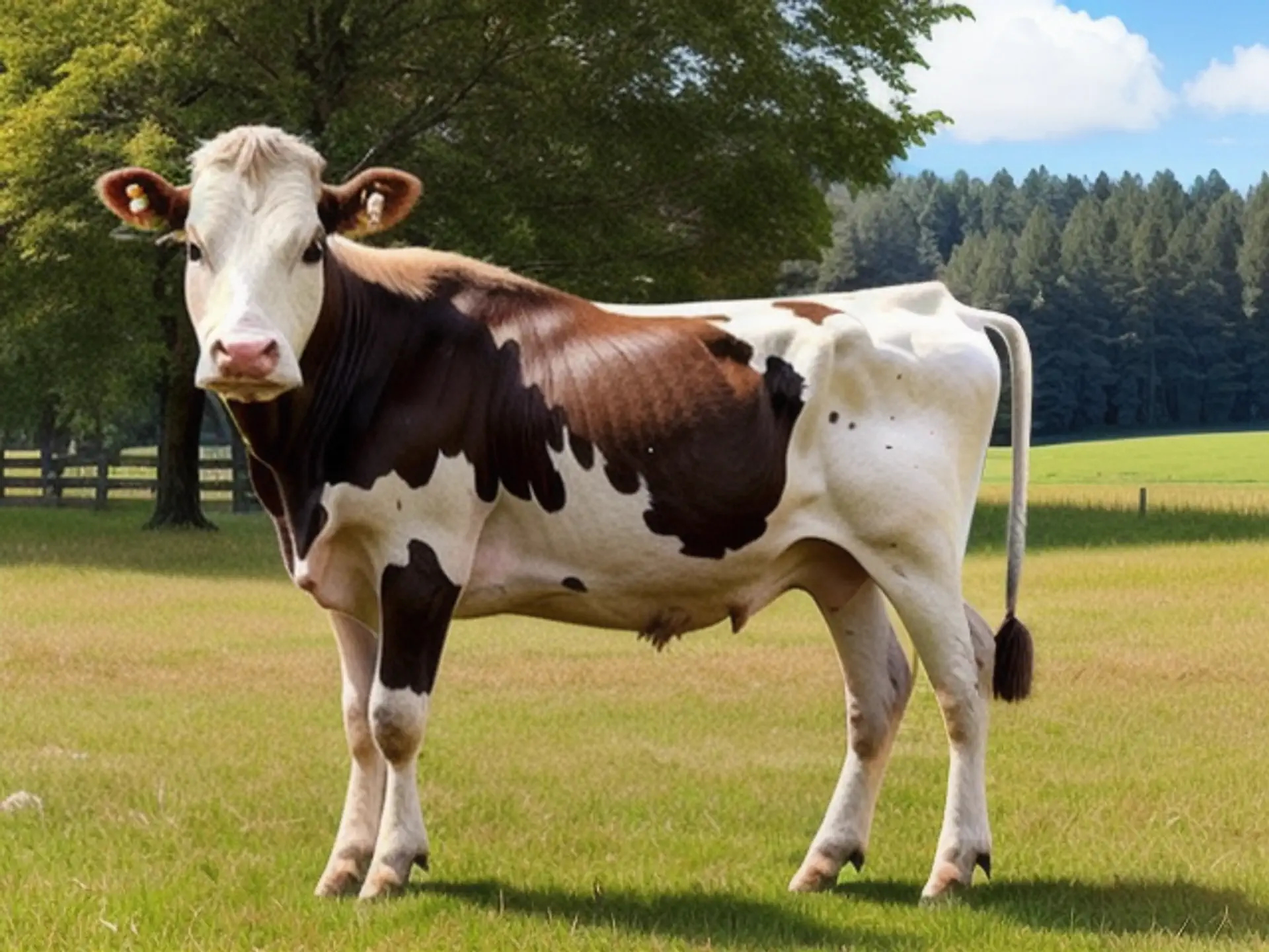 Zwartbonte melkkoe in zomerse weide met dennenbos op achtergrond