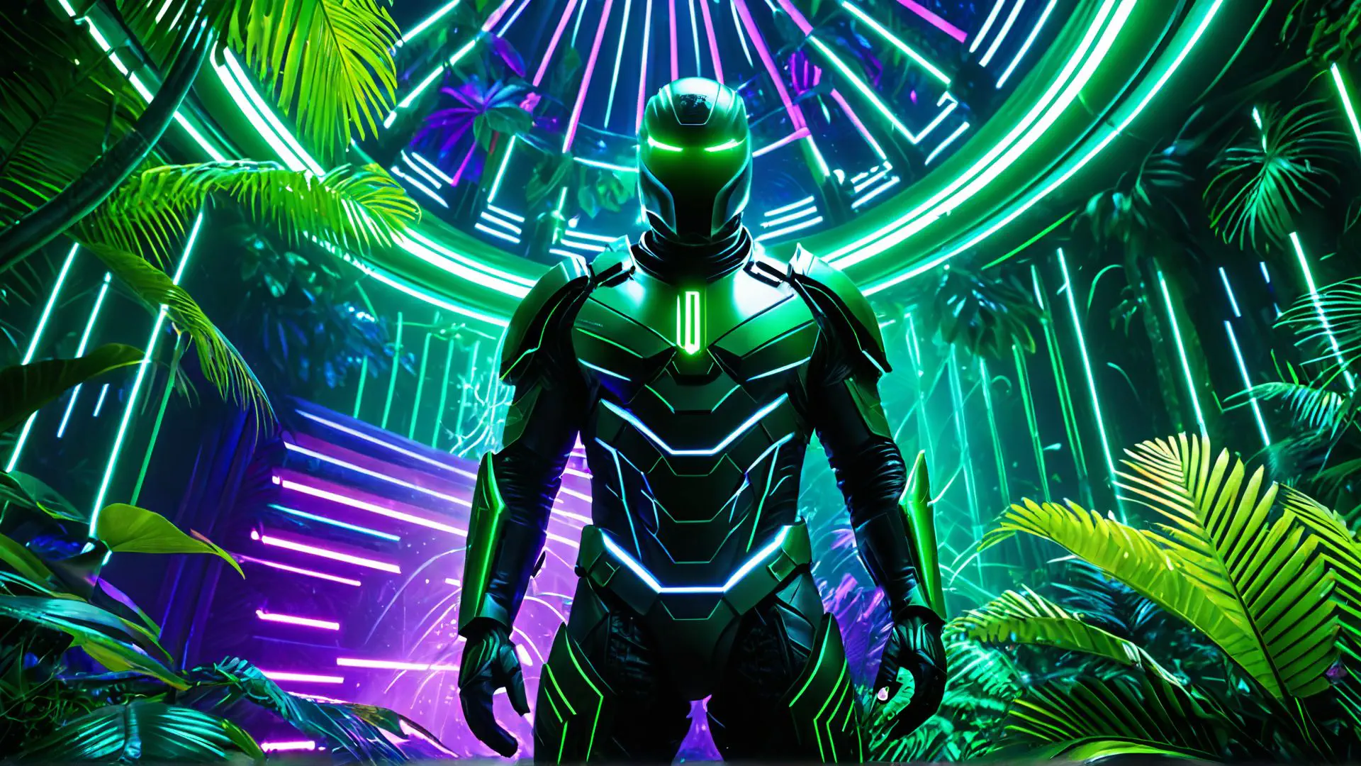 Futuristisch robotharnas in neon jungle met tropische sfeerverlichting