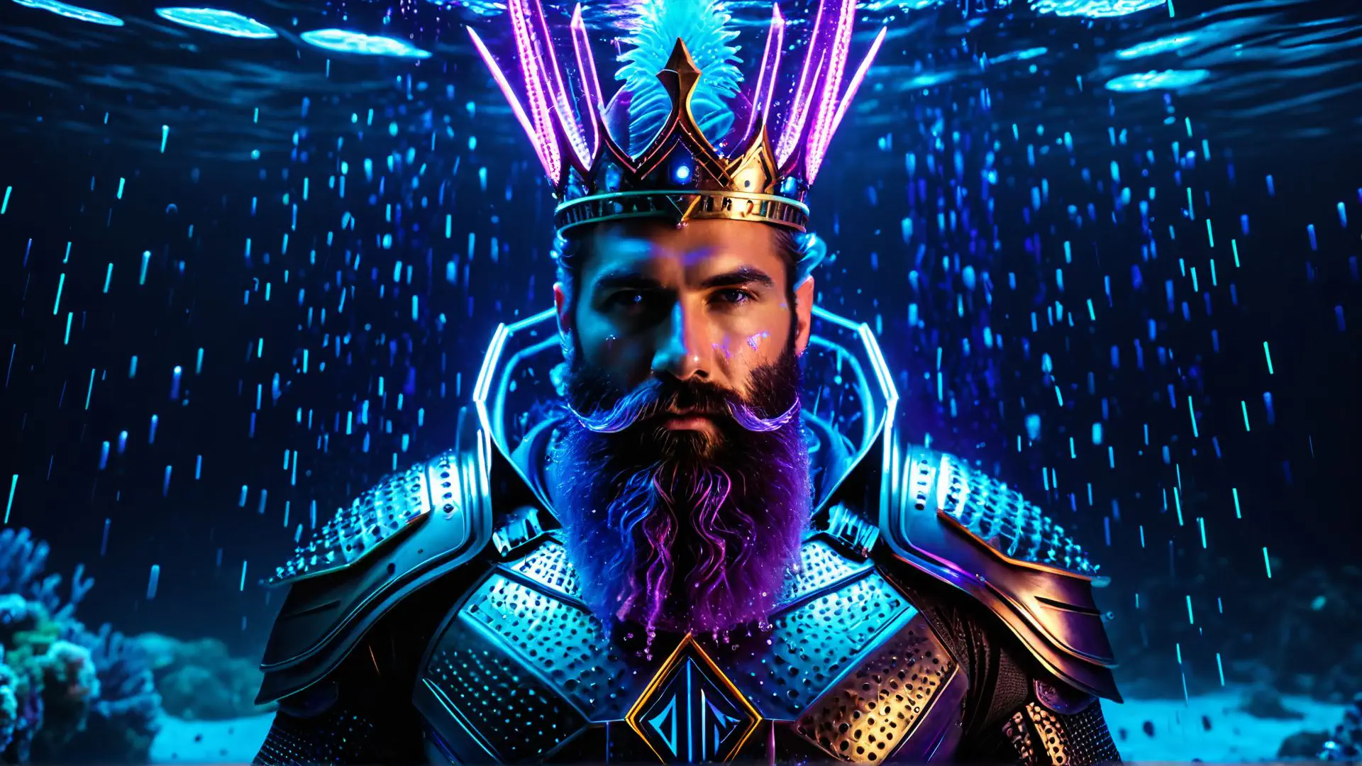 Futuristische koning in neon harnas met mysterieuze kroon en baard
