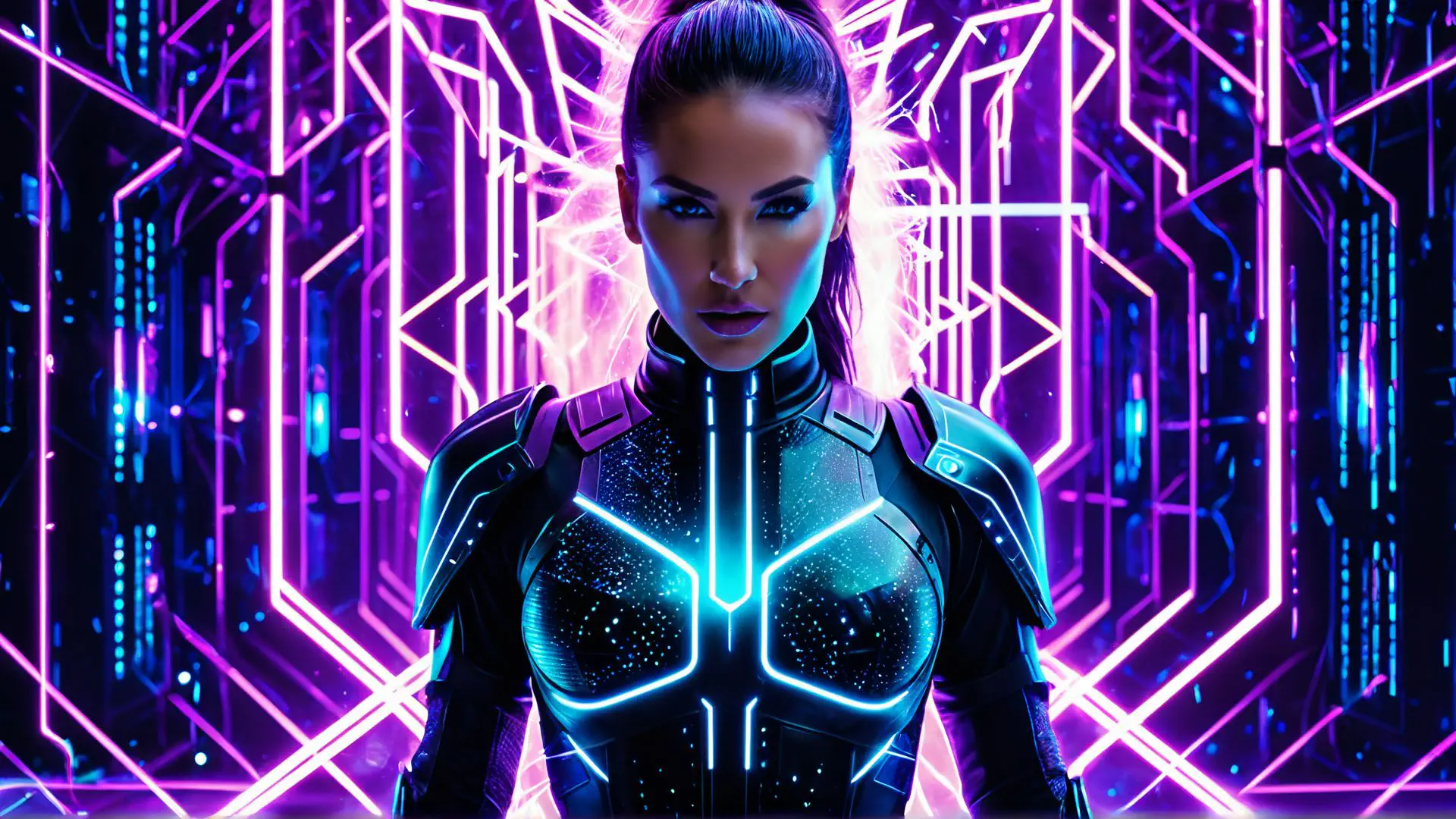 Futuristisch neon portret met cyberpunk kostuum en paarse verlichting