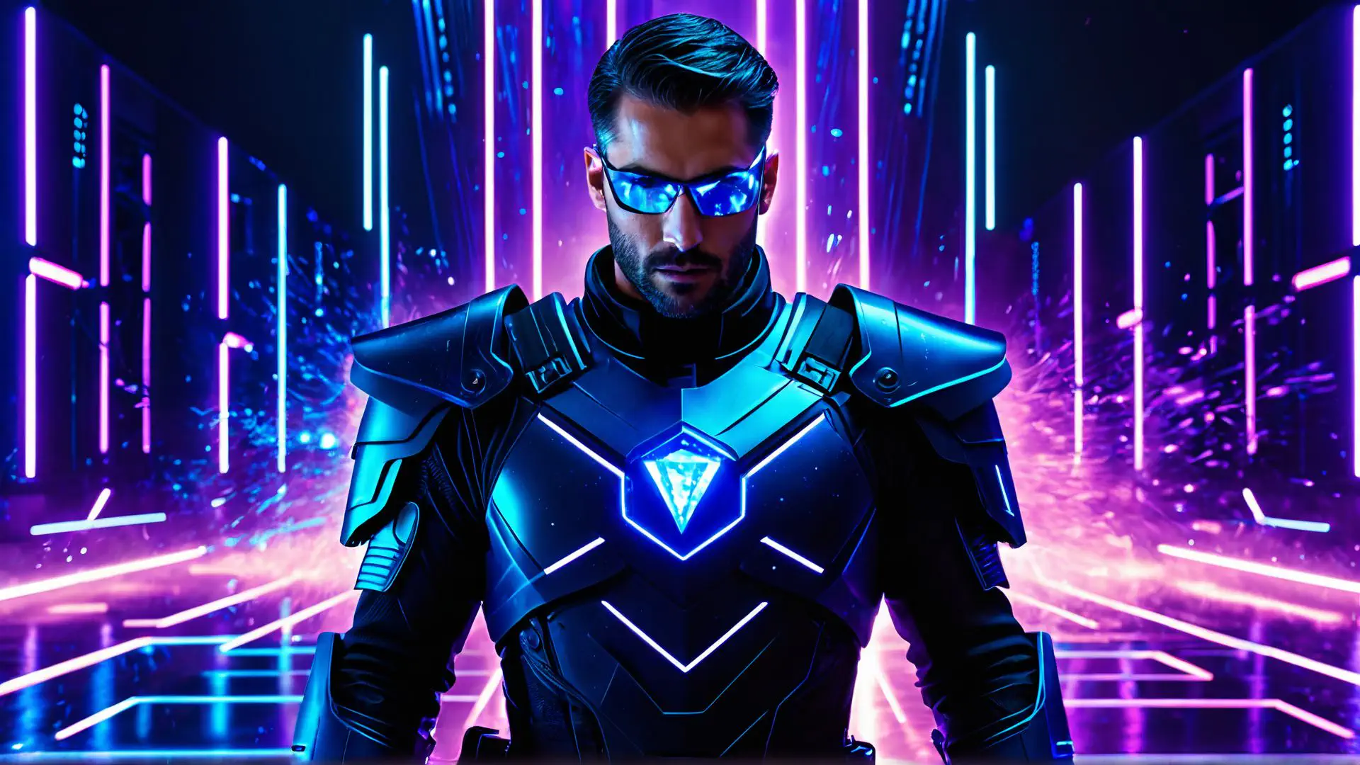 Futuristisch cyberpunk portret met neonverlichting en technopantser