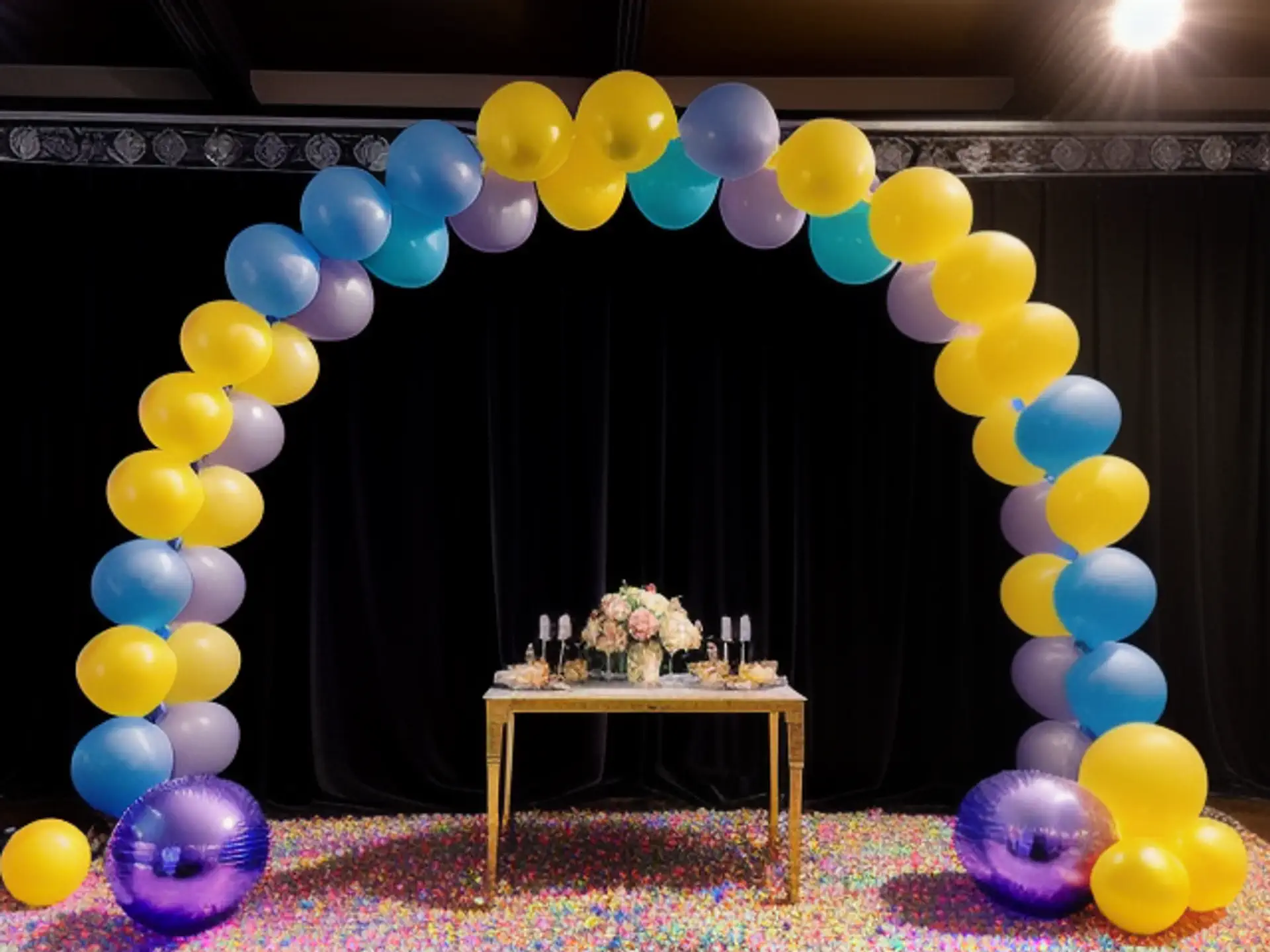 Feestelijke ballonnenboog met gedekte tafel voor speciale gelegenheid