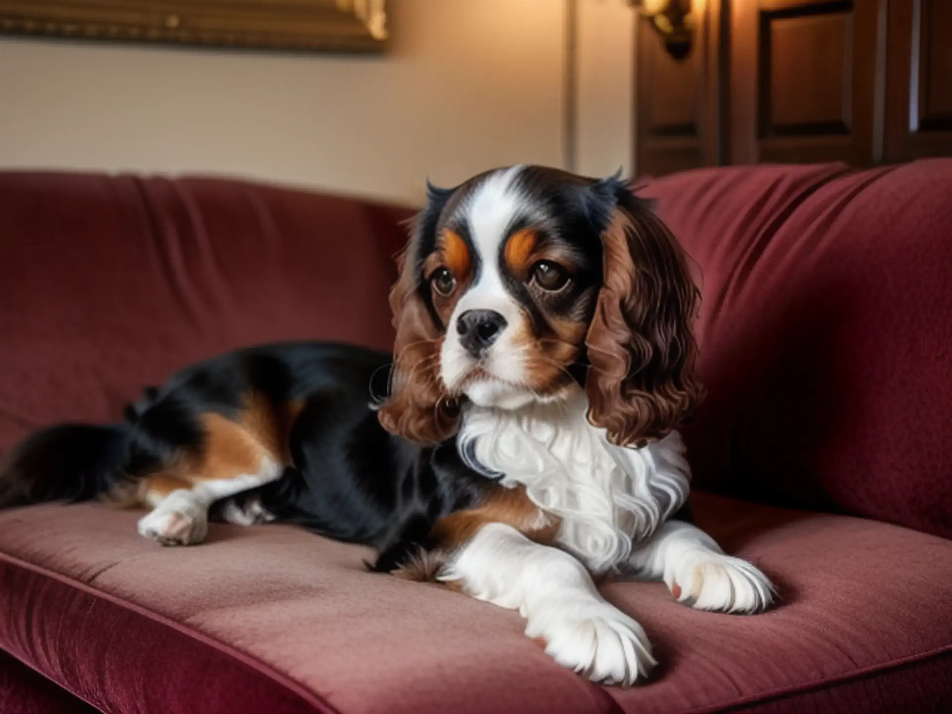 Cavalier King Charles Spaniel ontspant op bordeauxrode bank thuis