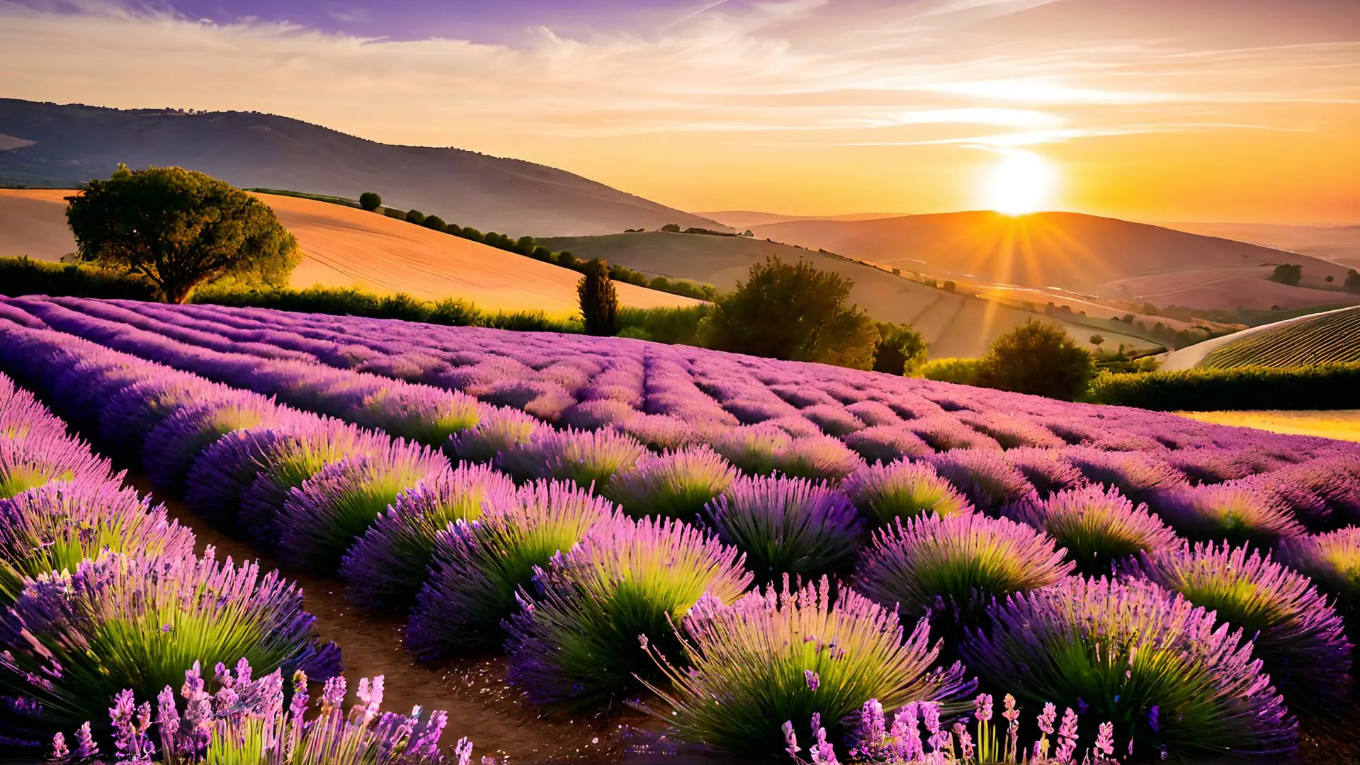 Zonsondergang over bloeiend lavendelveld in de Provence landschap