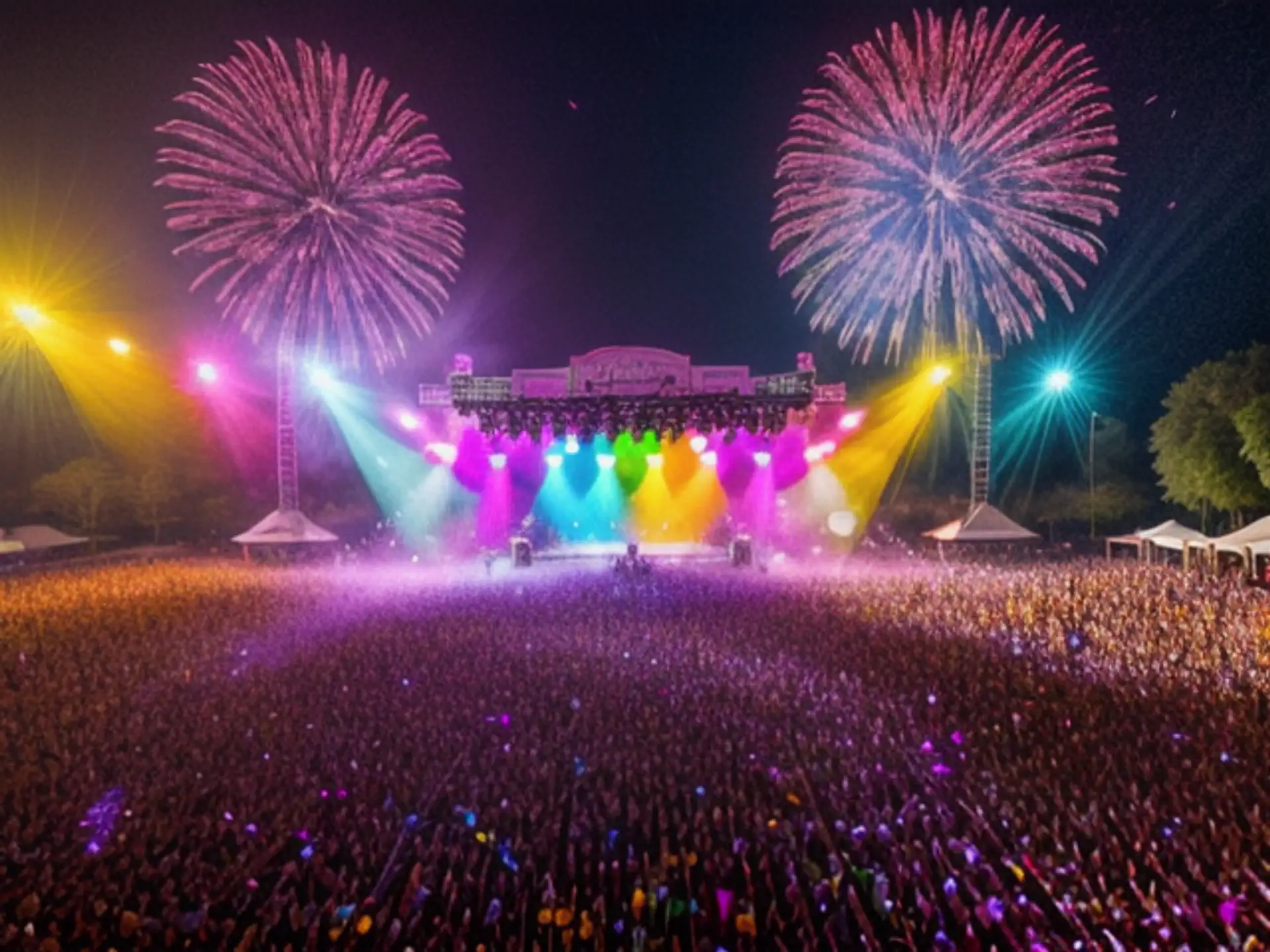 Spectaculair muziekfestival met vuurwerk en kleurrijke lichtshow