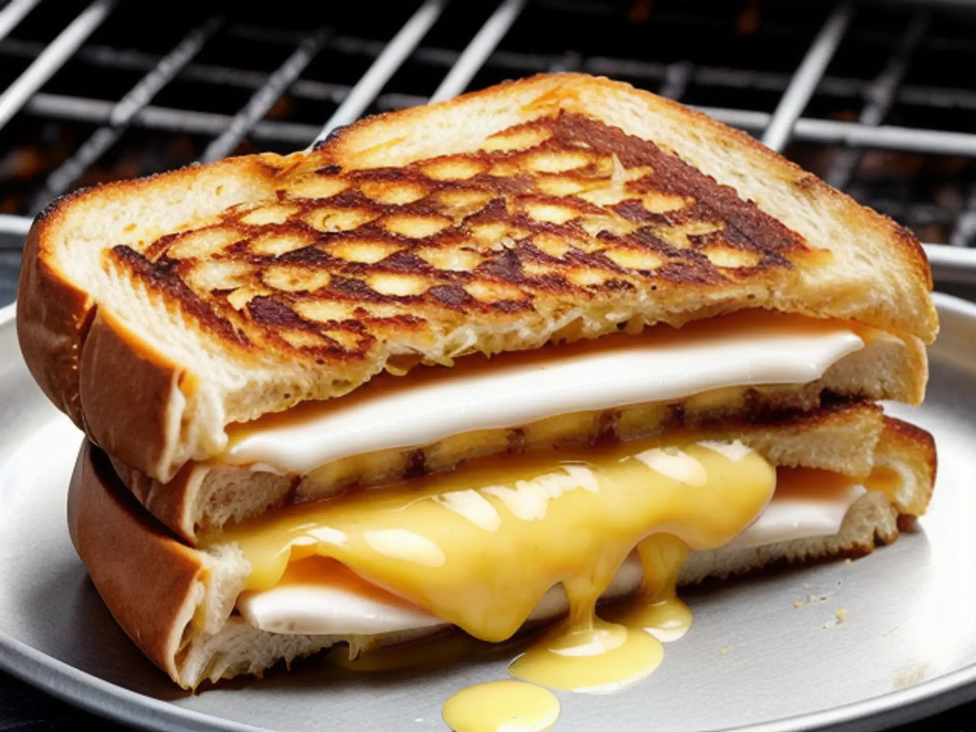 Gegrilde tosti met gesmolten kaas en kalkoenfilet op grijze schaal